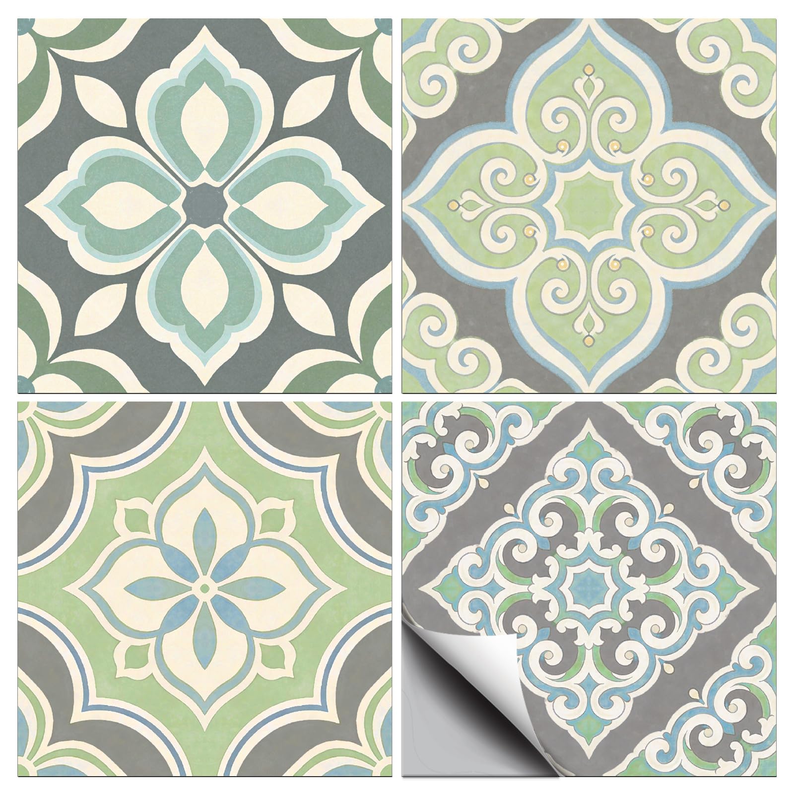 CONCHLERY 36 Pcs 4 Style Gray Pattern Peel and Stick Wall Tile Sticker Vintage Cyan Pattern Wall Stickers Waterproof Self Adhesive Stick on Tile Decals for Kitchen Bathroom Art Decor, 4ร4 Inch โ image 1