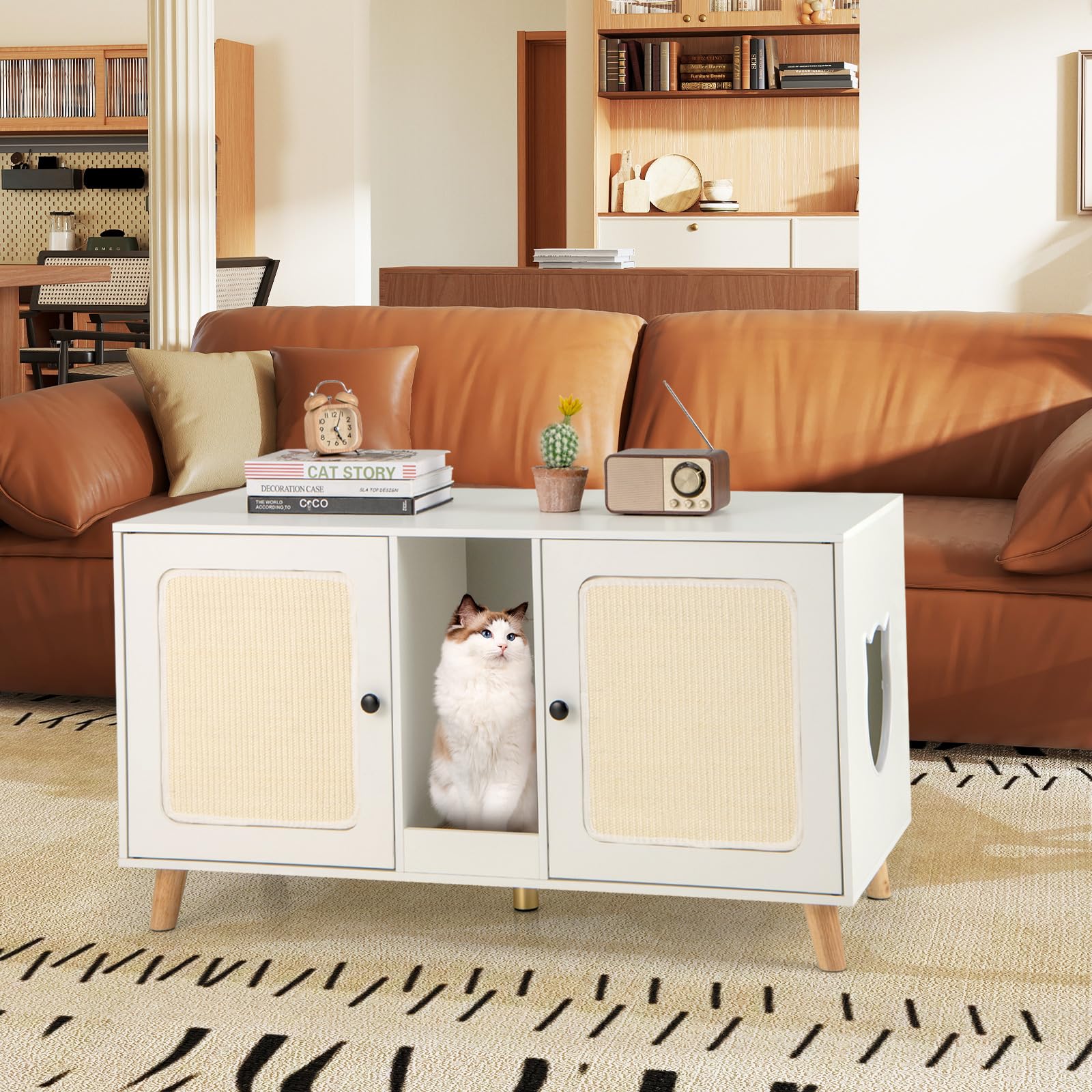 COSTWAY Katzenschrank für Katzentoilette, Katzenklo Schrank mit 2 Türen & Kratzbrett & 2 Sisal-Kratzmatten & Eingang, Katzenhaus für 2 Katzen, Katzenmöbel Beistelltisch, 108 x 50 x 60 cm (Weiß)