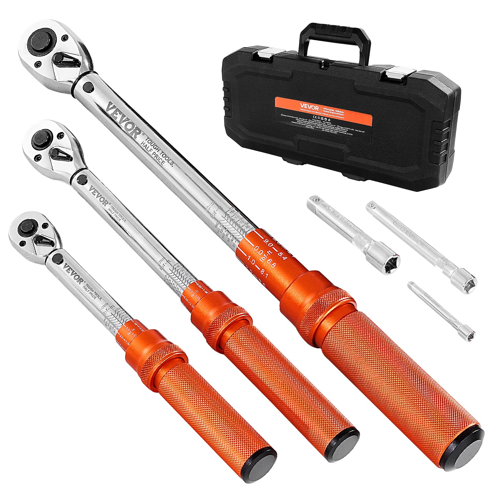 VEVOR Click Torque Wrench Set, 3 Pieces, 1/4, 3/8, 1/2 Inch Drive