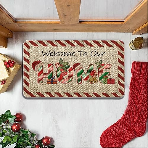 Miniatura 4 de GAGEC Tapete de Navidad para puerta de exterior, tapete de bastón de caramelo, alfombra de entrada roja y blanca, tapete de puerta de menta para