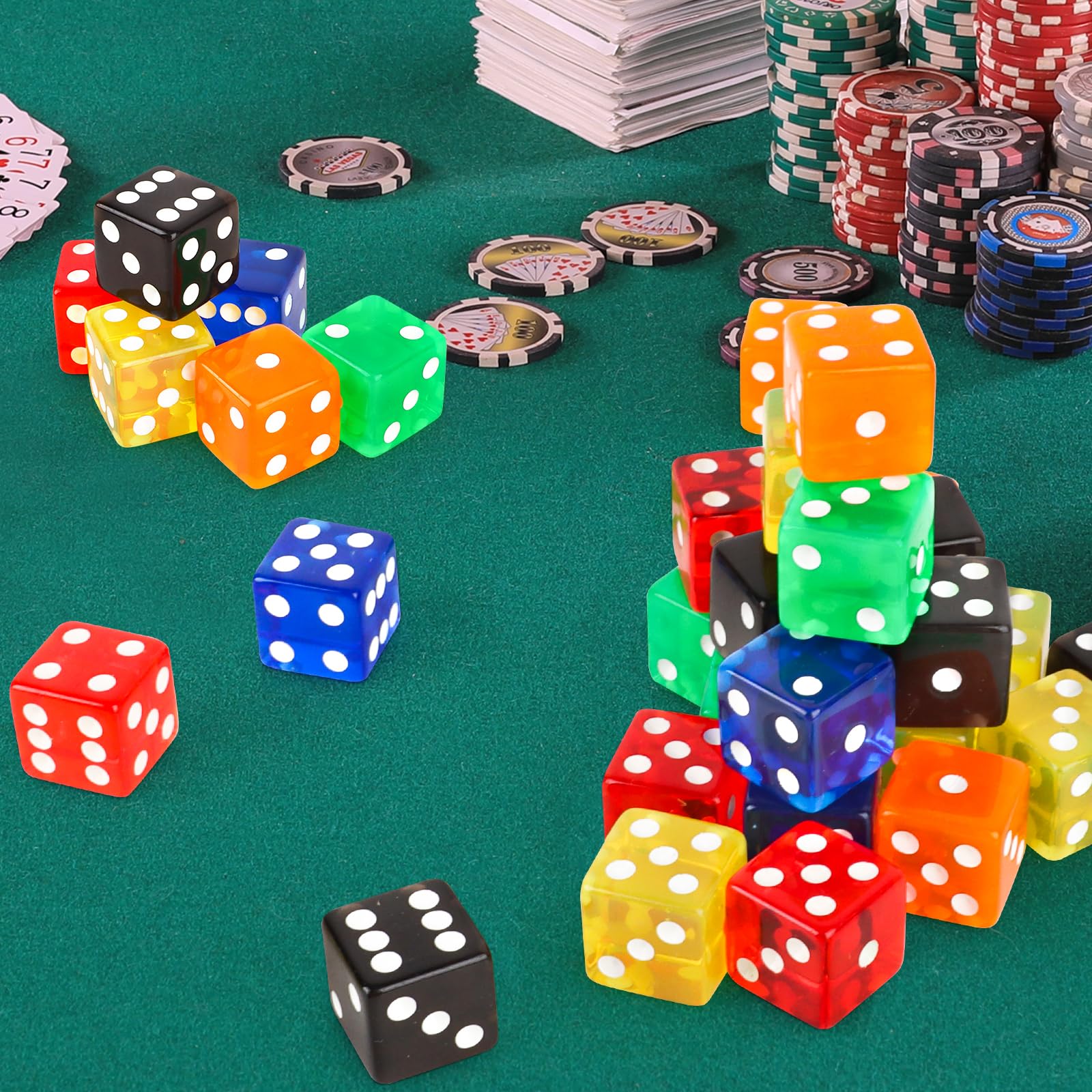 Hooqict Juego de 36 dados de casino de 19 mm, juego de dados grandes de acrílico de 6 caras a granel para casino Vegas, matemáticas, aula, suministros de enseñanza, juegos de mesa (negro, rojo, azul