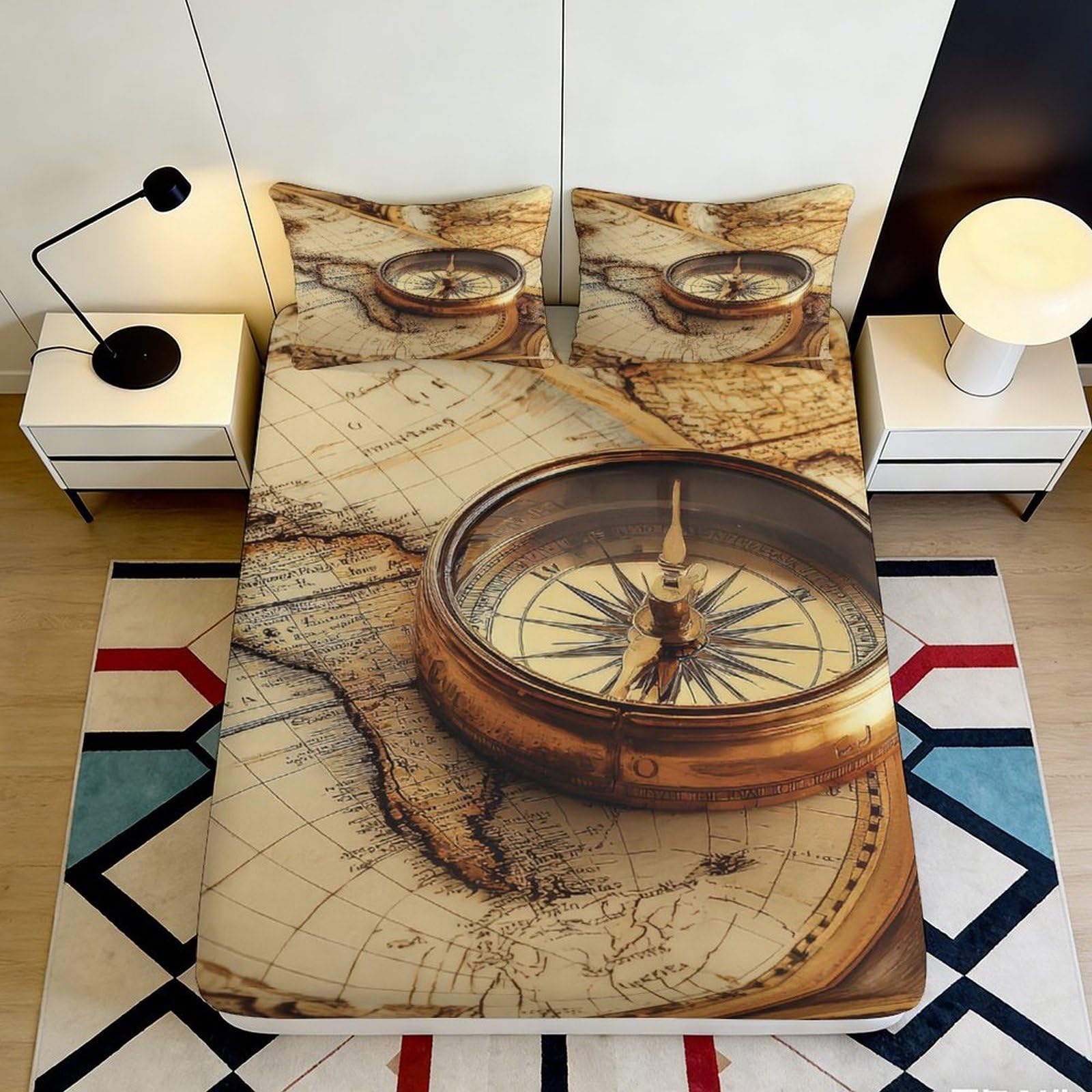 3D Printed Vintage Compass Map Fitted Sheet Microfiber Soft Bed Cover for Adult Teen Bedroom Dorm Mattress Protection Decor 160x200x25cm