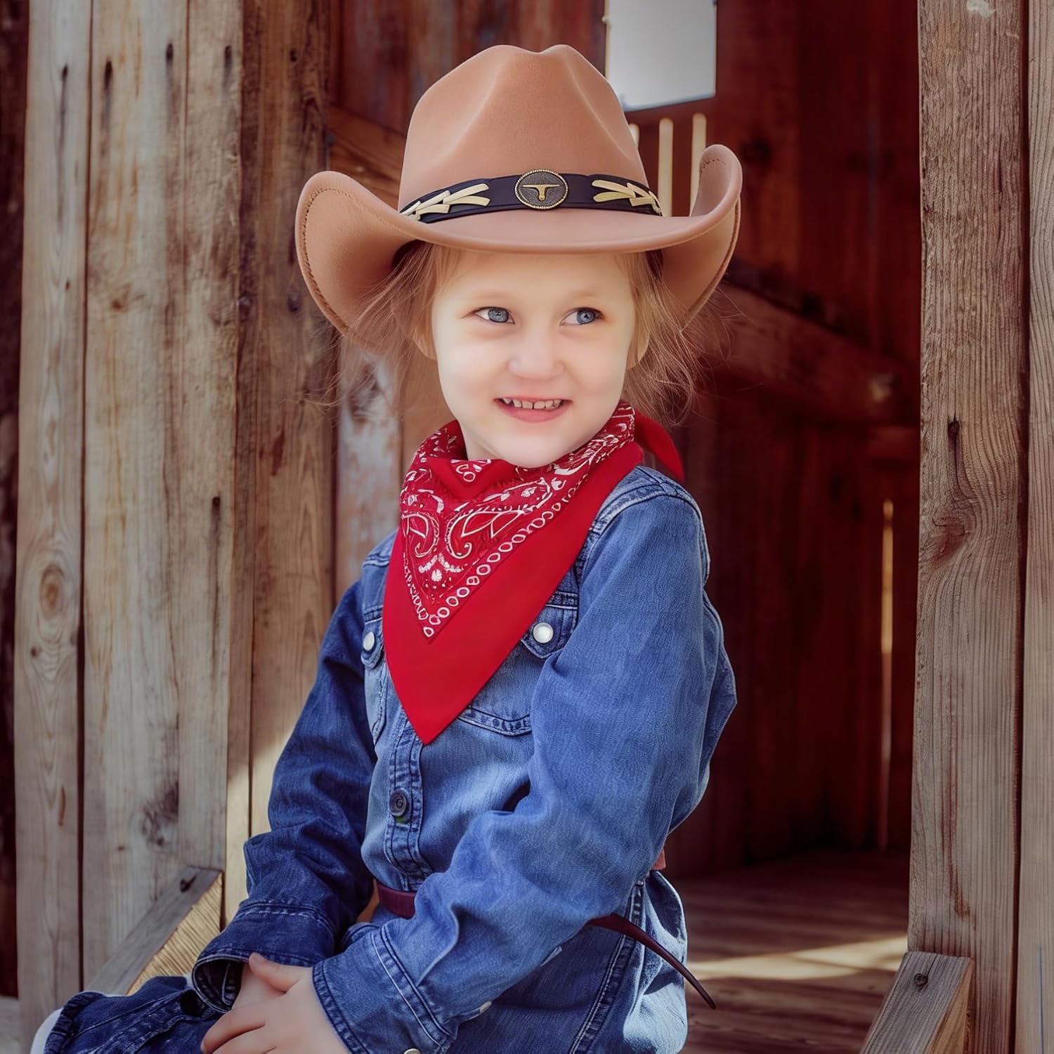 Jastore Kids Girls Boys Cowboy Hat Wide Brim Western Cowgirl Hat with Buckle Belt with Cowboy Red Bandanas