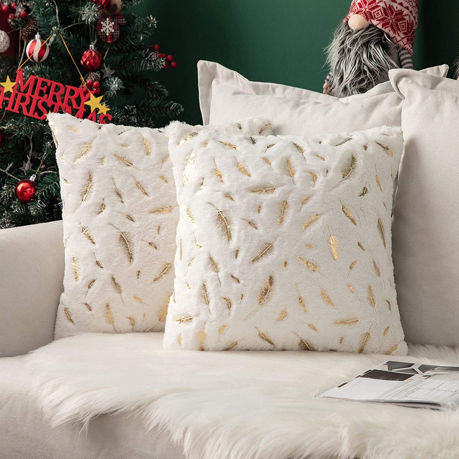 MONKDECOR Feather Leave Design Cushion Cover 24X24 Inches (White) Set Of 1 Piece(Velvet)-image-31