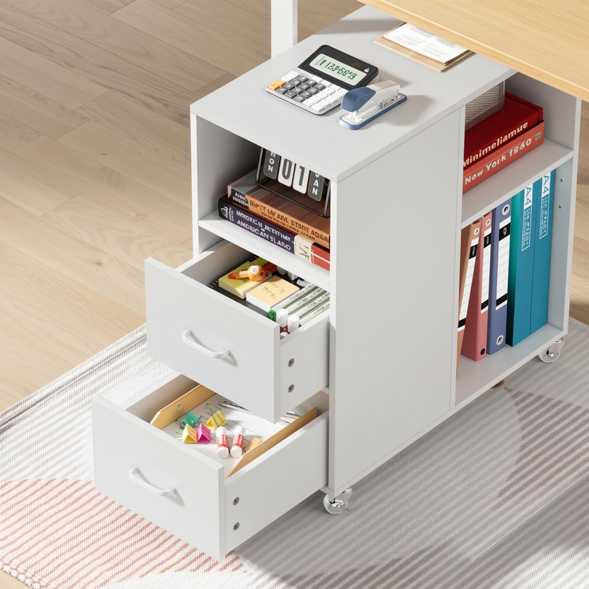 HOCSOK Mesa Auxiliar para Salón Dormitorio y Oficina Mesa Lateral para Sofá y Cama con Ruedas Archivador Móvil con 2 Cajones y 3 Estantes de Madera 60 x 30 x 65 cm (White)