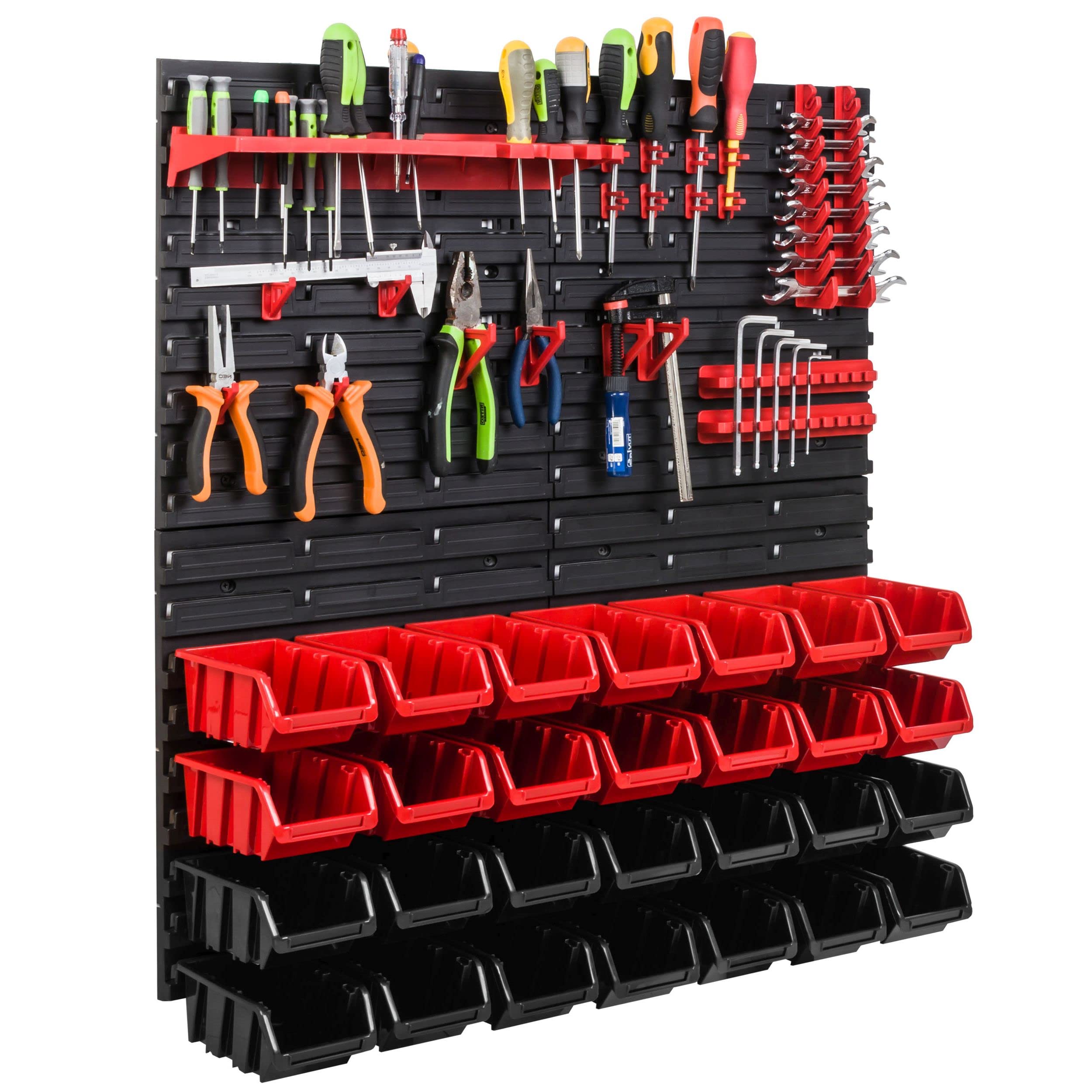Scaffale da officina, 78 x 78 cm, 28 pezzi, con supporti per attrezzi e scatole impilabili, pannelli da parete, scaffali extra resistenti, per riporre oggetti e garage, scaffali