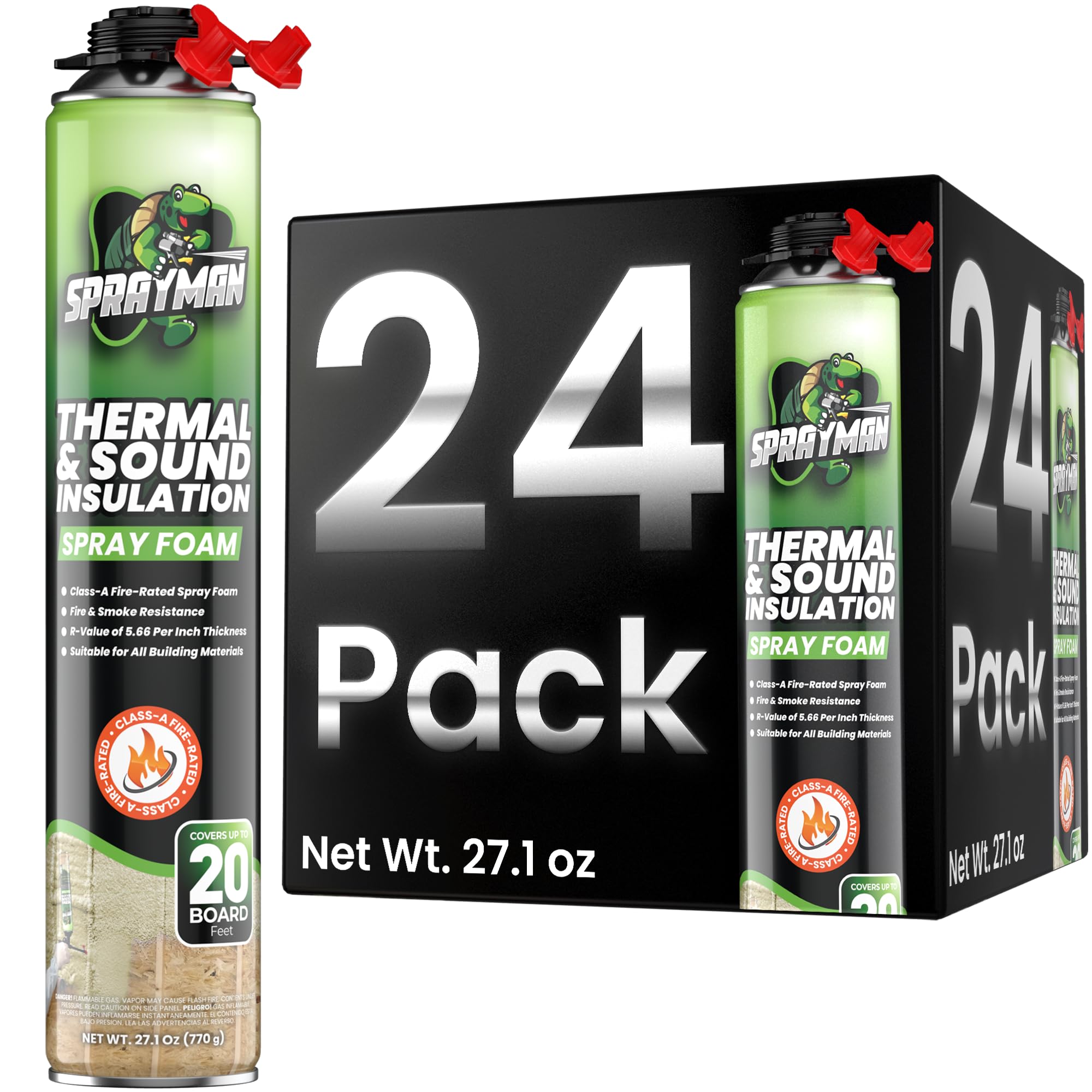 Sprayman Spray Foam Insulation (480 Sq.Ft.) - Closed Cell Polyurethane Expanding Foam Sealant, Thermal & Acoustic Protection for Wall and Attic - Gun & Cleaner NOT Included, 27.1 oz, 24 Pack
