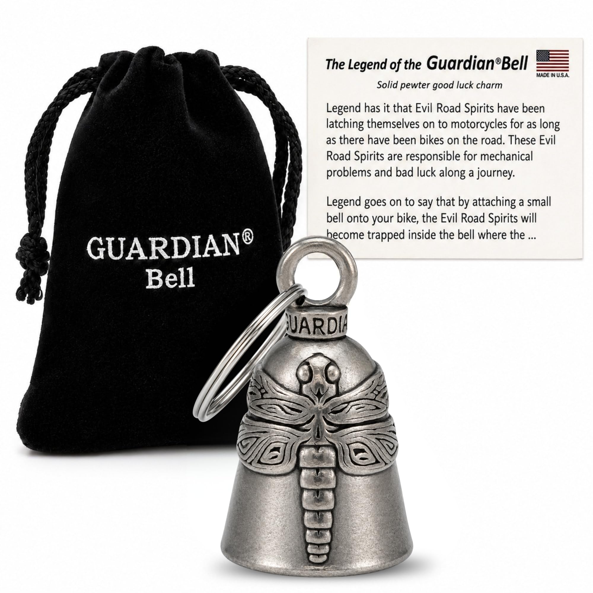 Guardian Bell Animals Good Luck Bell w/Keyring &amp; Black Velvet Gift Bag | Motorcycle Bell | Lead-Free Pewter | Made in USA