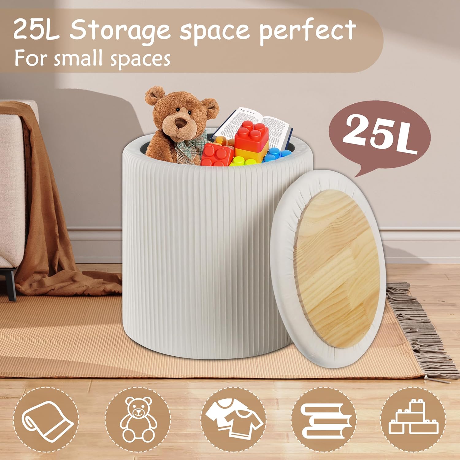 Set of 2 Round Storage Ottoman, Multifunctional Storage Ottoman with Lid and Soft Corduroy Padding, Footrest for Living Room and Bedroom, Vanity Stool for Makeup