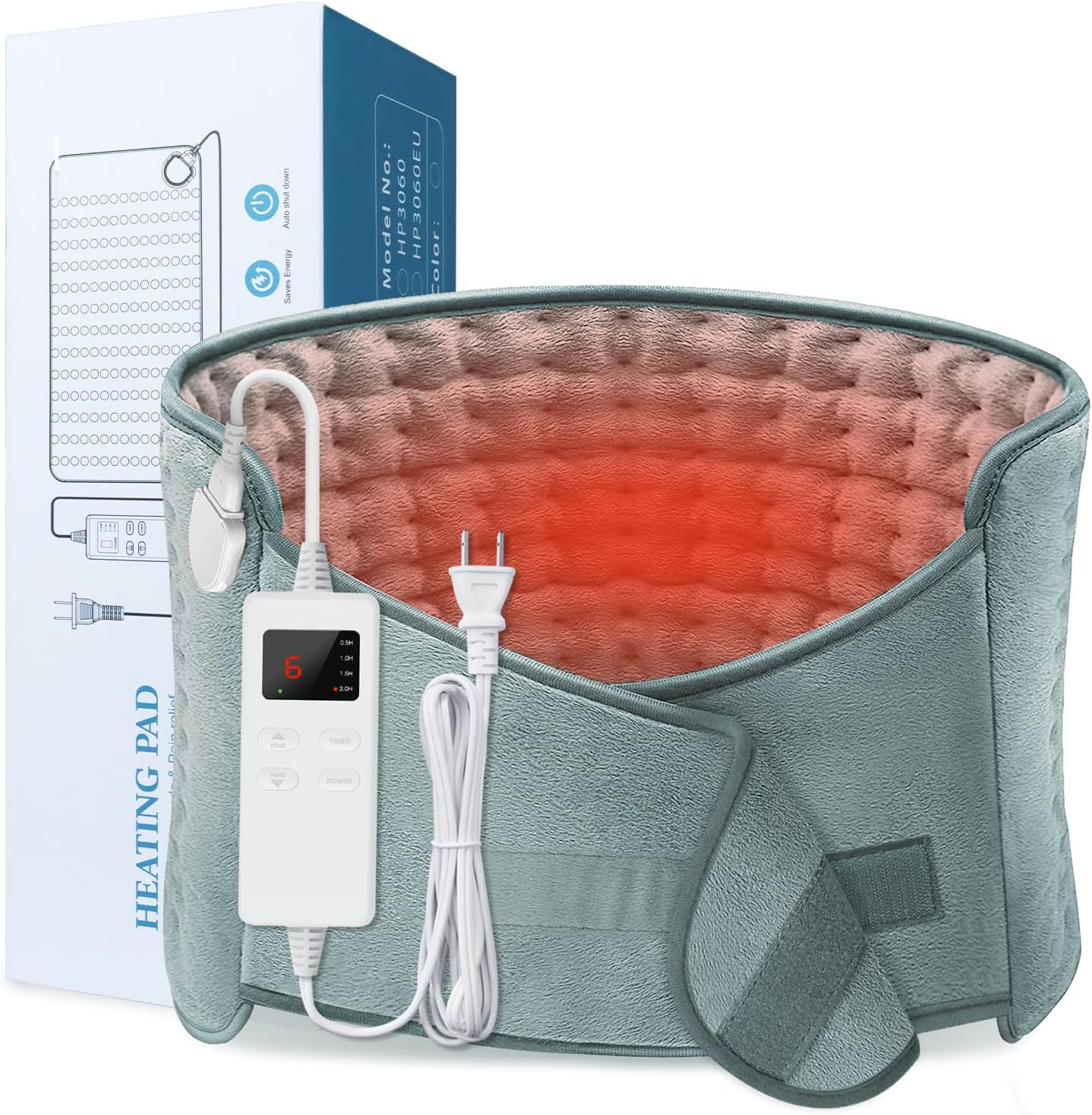 Heating Pad for Back Pain Relief, Electric Heating Pad 12"x24"+20" Large Heat Pad with Loop Fasten, Auto Shut Off, 6 Heat Setting, Moist Heating Pad for Cramps, Menstrual Pain,Neck and Shoulders