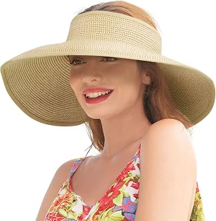 Women Sun Visors Wide Brim Foldable Packable Roll Up Ponytail Beach Hat Straw Visor Sun Hats