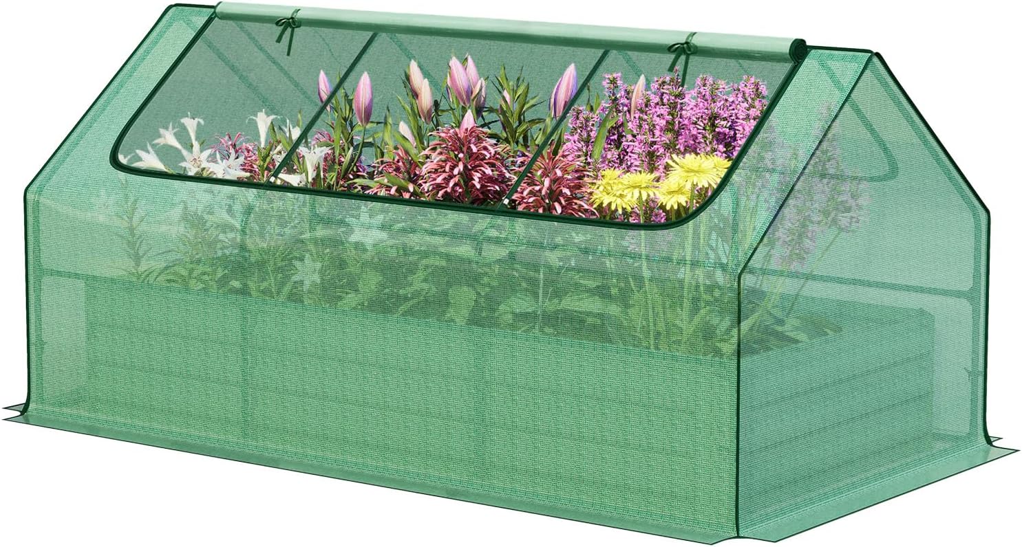 Aoodor 6 x 3 x 3 ft Raised Garden Bed with Mini Greenhouse Kit, Metal Planter Box with 2 Roll-Up Zipper Doors for Vegetables, Herbs, and Flowers