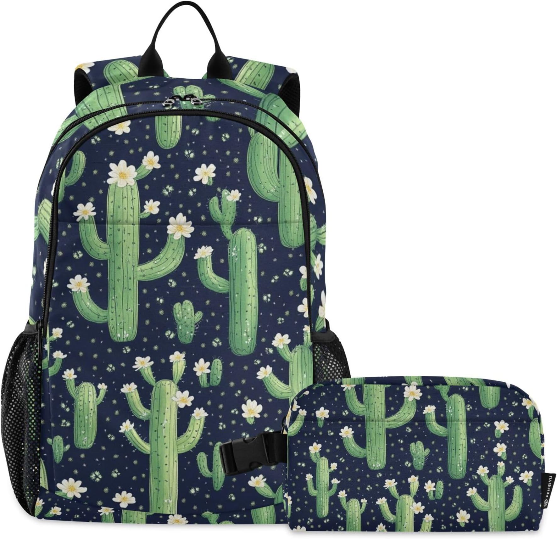 Green Cactus and White Flowers Backpack with Lunch Bag Set for Boys Girls Laptop Bookbag Teen School Bag Travel Daypack