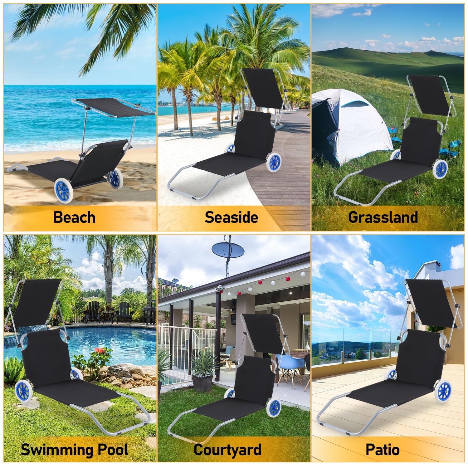 2X Sonnenliege Klappbar mit Dach Liegestuhl mit Rollen, Strandliege 5-Fach Verstellbarer Rückenlehne,100kg belastbar Gartenliege,Campingliege für Strand oder Pool Garten,Alu,Schwarz