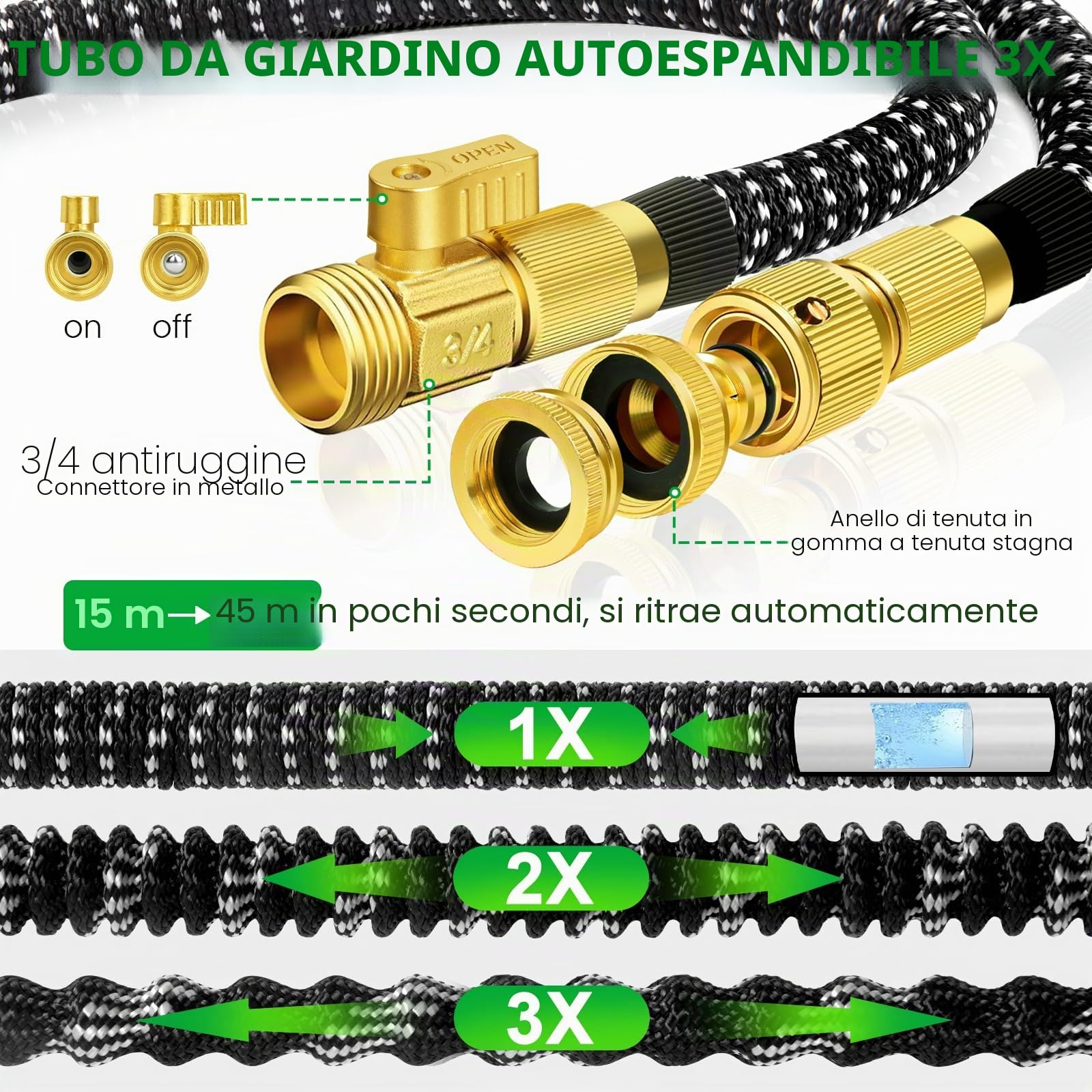 Tubo Acqua Giardino 45 Metri, Tubo Estensibile da Giardino con Adattatori da 1/2" e 3/4", Canna Acqua Giardinos con 10 Funzioni Pistola e Gancio per Lrrigazione Giardinaggio Autolavaggio