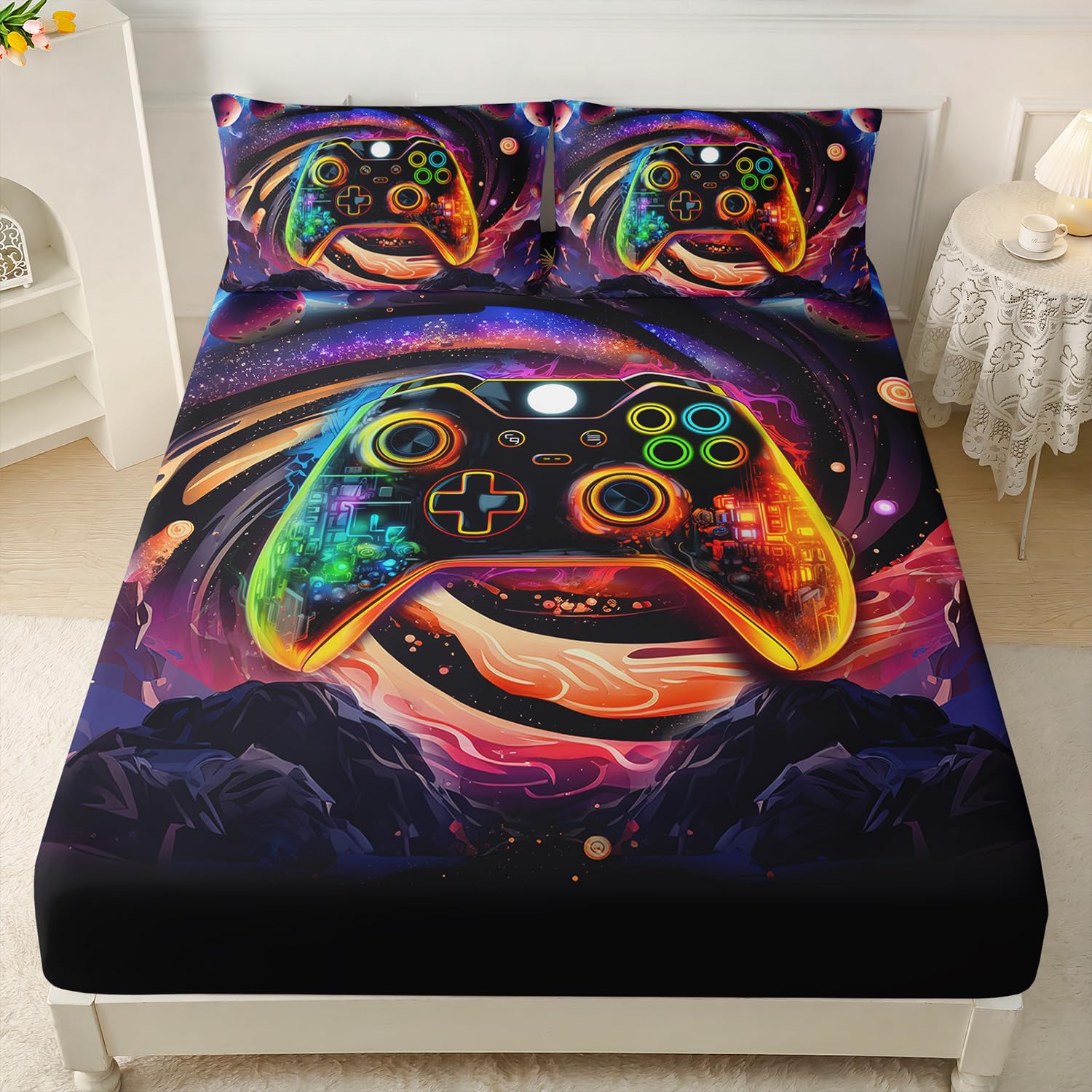 AILONEN Queen Size Gaming Controller Bed Sheet Set, Purple Space Planet Gamepad Breathable Fitted Sheet and 2 Pillowcases, 3 Piece Set