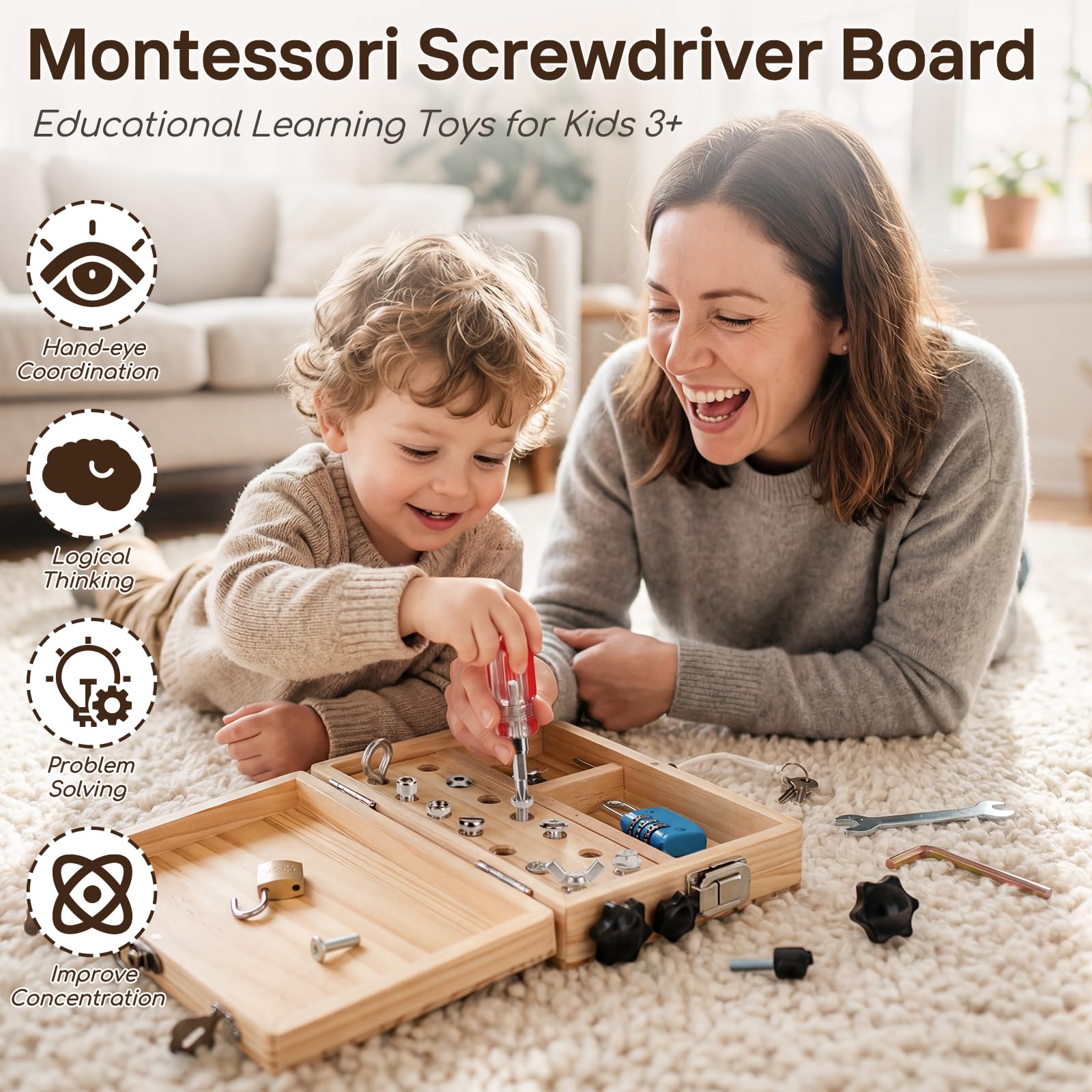 Lehoo Castle Zabawka Montessori dla dzieci od 3, 4, 5 lat, zestaw narzędzi dla dzieci z zabawkami z drewna, zabawka motoryczna, śrubokręt, Busy Board, zabawka sensoryczna dla dzieci z ADHD i autyzmem