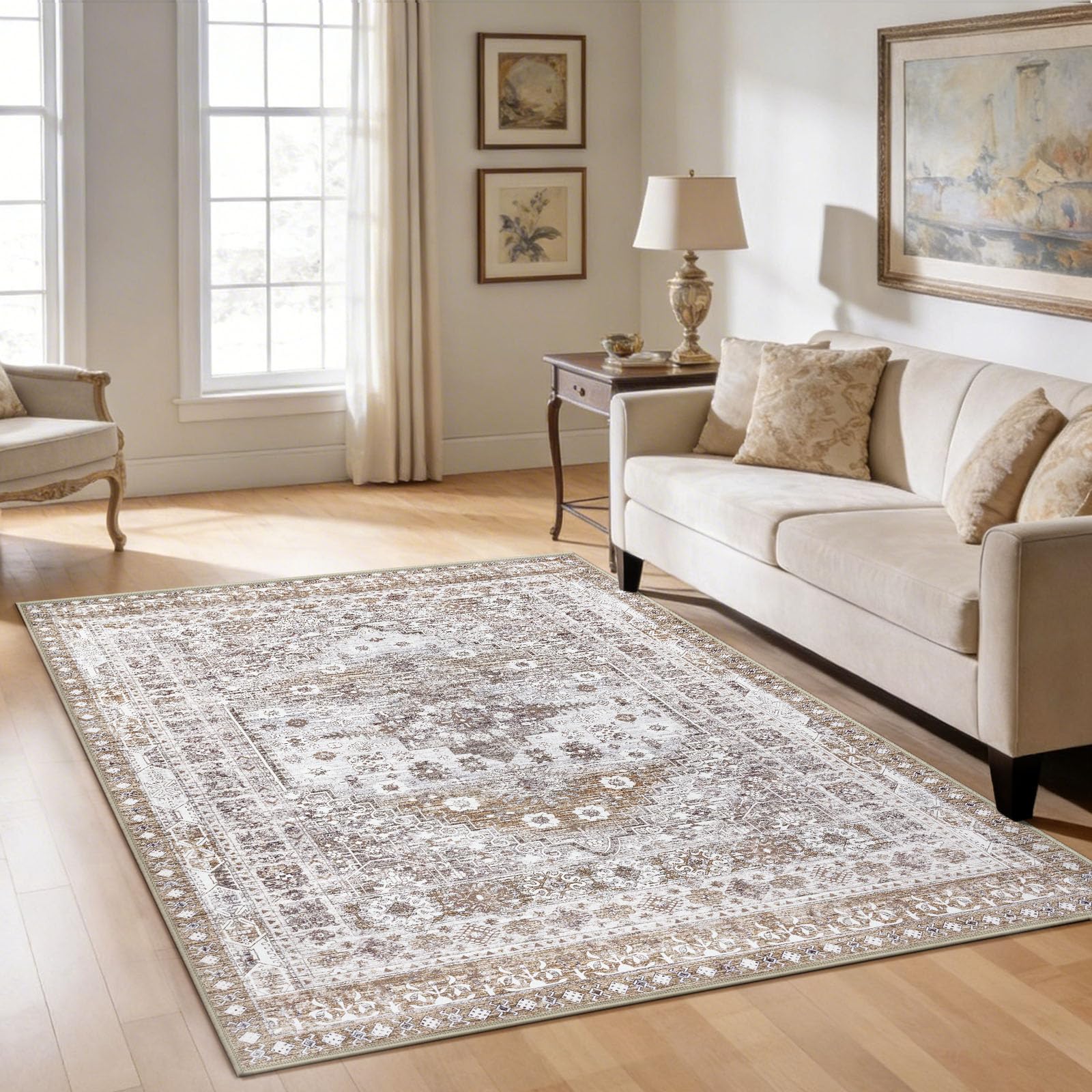 Capslpad Vintage Teppich Wohnzimmer 120x180cm, Kurzflor rutschfest Waschbarer Teppiche, Weich Boho Wohnzimmerteppich für Schlafzimmer Büro Esszimmer, Braun