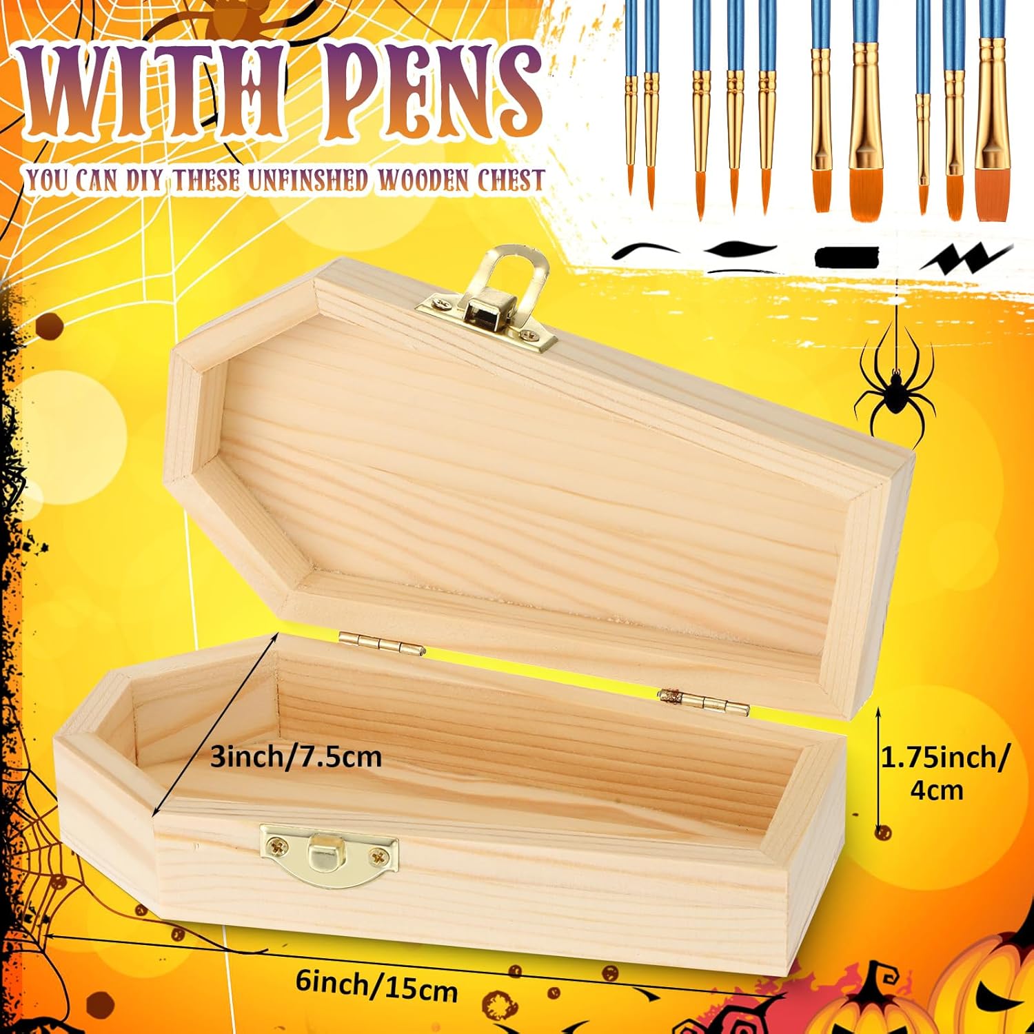 Sintuff 12 Pieces Unfinished Wooden Boxes with 10 Art Brushes 6 Inch Unfinished Wood Coffin Box Treasure Chest with Locking Clasp for Home Party Decoration DIY Crafts Jewelry Box