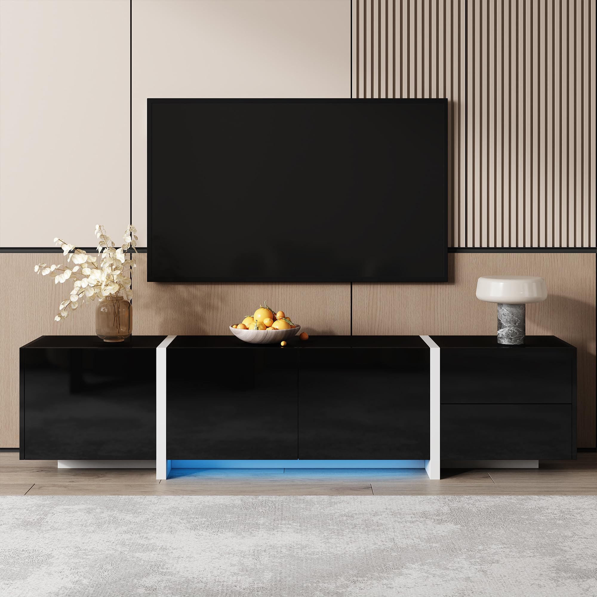 FammyLoft 170cm TV Unit with 3 Doors and 1 Drawer, High-gloss TV Stand Cabinet with Black Contrasting Table Legs, Entertainment Unit for Living Room, Black and White