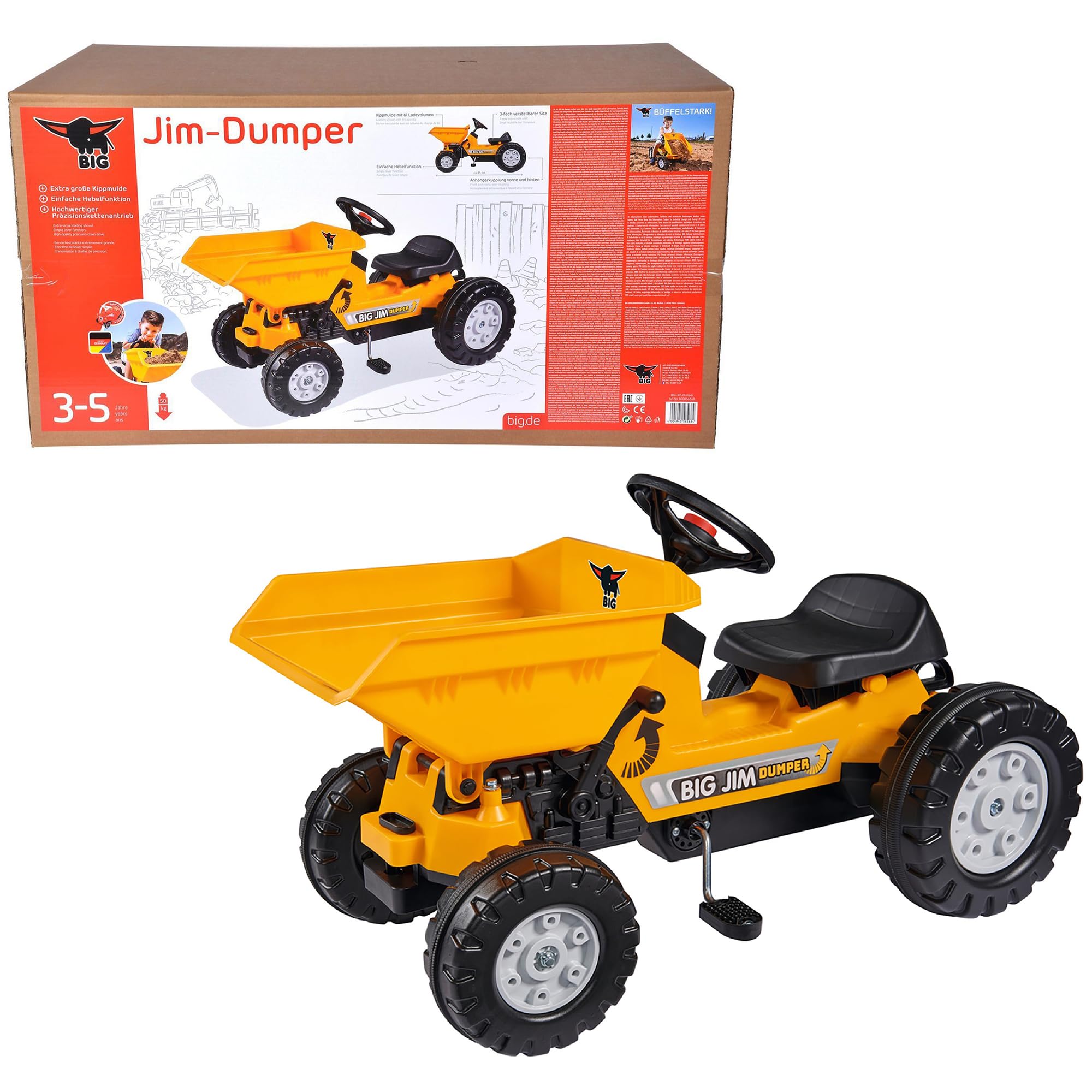 BIG - Jim Dumper - Kinderkipper Spielfahrzeug, 3-fach verstellbarer Sitz, wetterbeständiges Kunststoffmaterial, Speichenlenkrad mit verstellbarer Hupe, für Kinder ab 3 Jahren