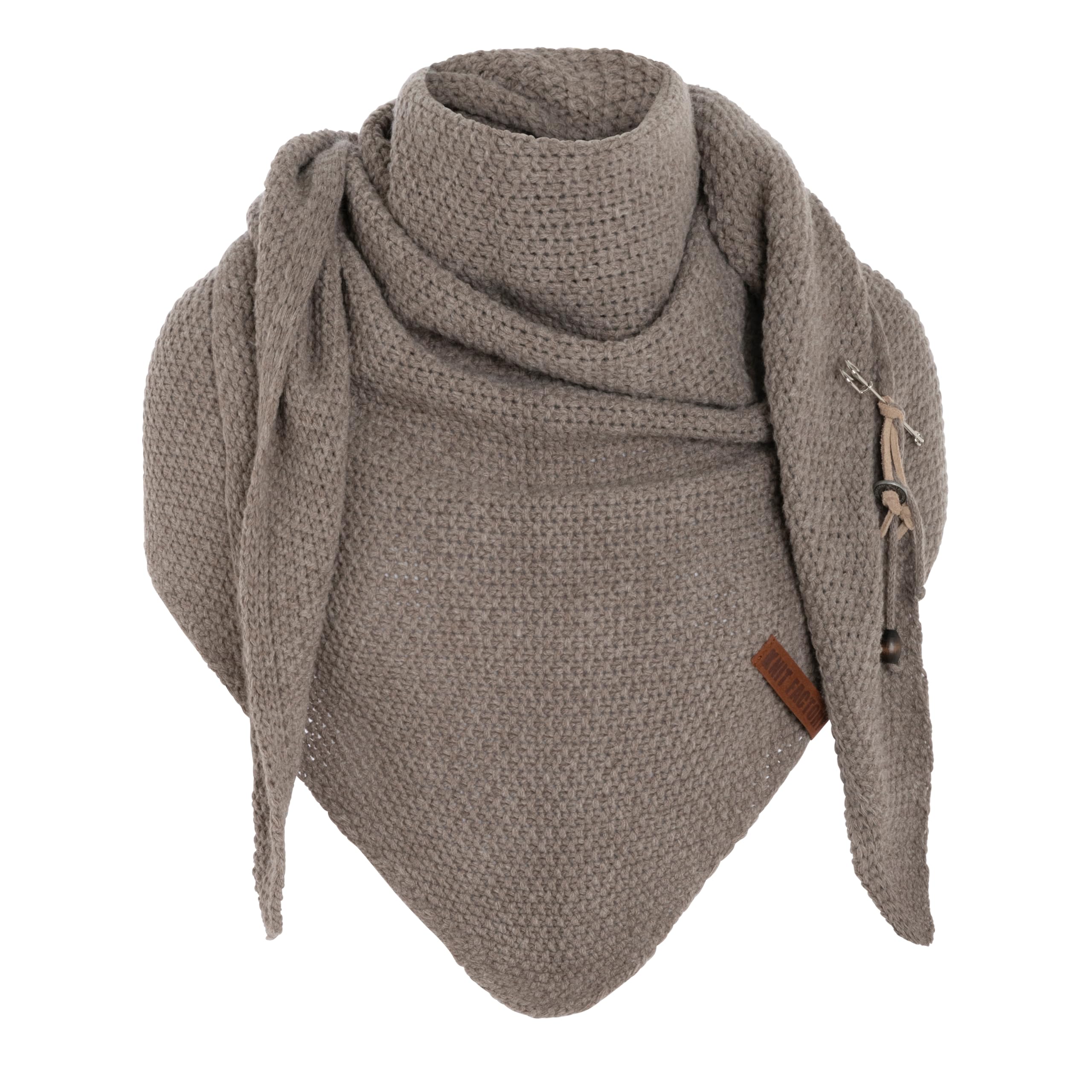 Knit Factory Women's Marron Coco Knitted Shawl - Triangle Scarf - Knitted Winter Scarf - 190X85 Cm - Manufactured In Europe - Scarf - Including Decorative Pin