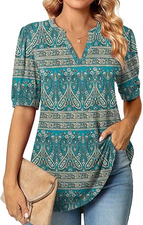 VISLILY Plus Size Summer Tops - Casual V Neck Tunic With Puff Sleeves & Pleated Detail (XL-5XL)