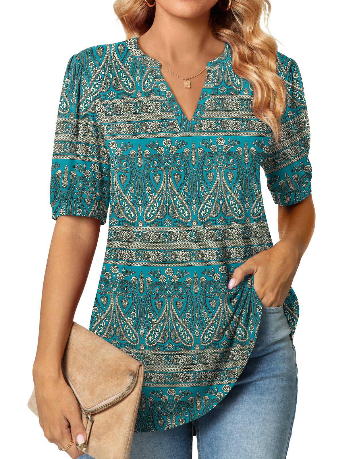 Anyally Womens Summer/Spring Puff Short Sleeve Tops Dressy Casual V-Neck T-Shirts Cute Blouse for Work