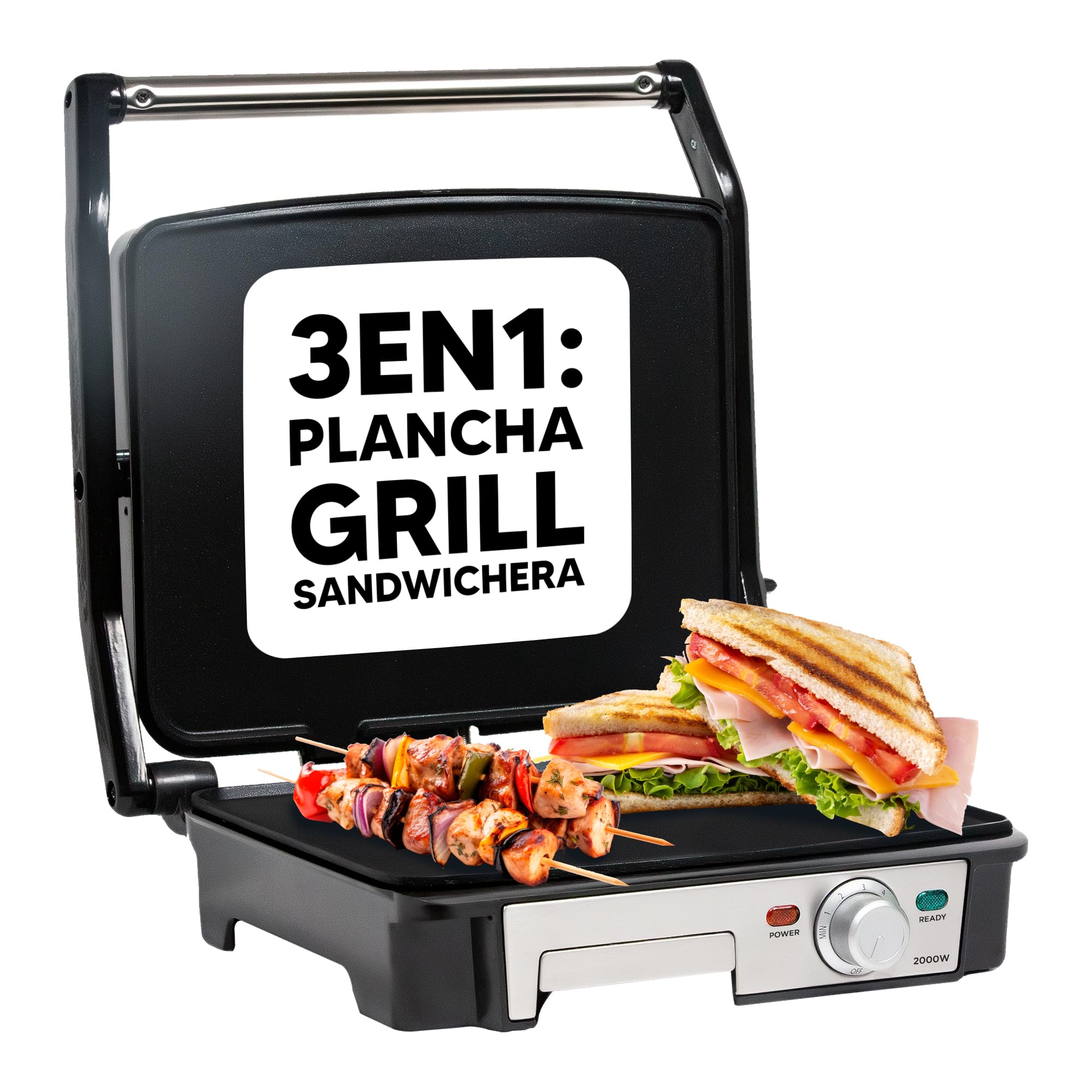 SOGO Grill y Sandwichera profesional de bajo consumo 2000W con Placas Lisas Antiadherentes y Apertura 180° - Plancha Eléctrica Multiuso para Paninis, Carnes y Pescados