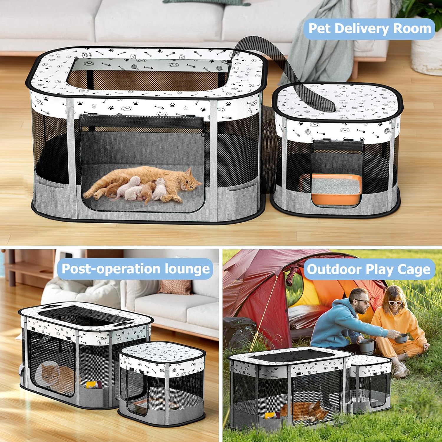 Portable Cat Playpen, Foldable Pet Dog Playpen, for Kitten Puppy Play Pen Indoor/Outdoor, Cats Enclosure Cages Tent with Carrying Case, 600D Oxford 8-Rods, 32"x24"x22", Grey