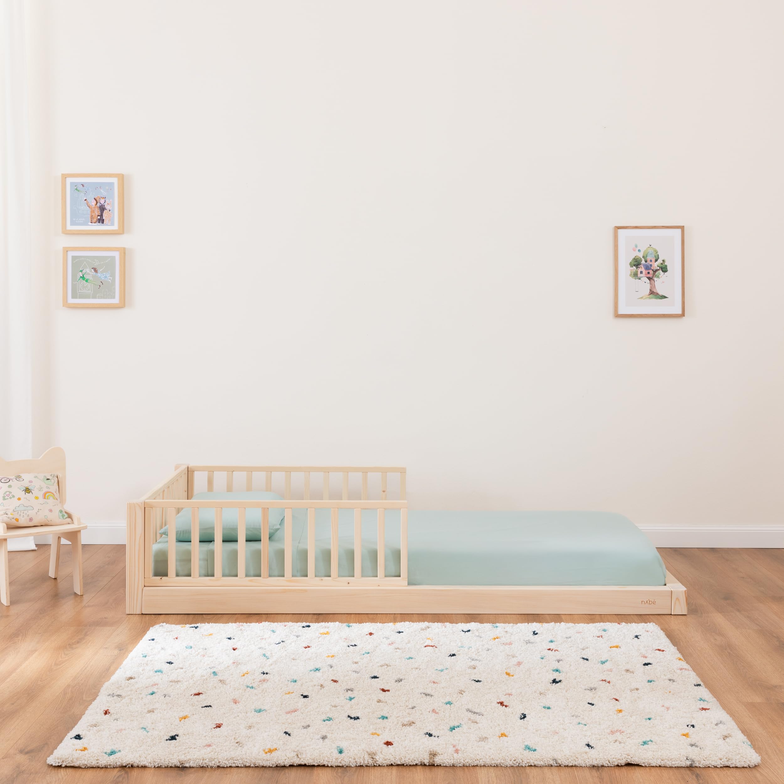 nabè Letto Montessori Evolutivo 80x190 cm- Letto Montessori a terra in Legno Massello Naturale PEFC con 3 Sponde protettive - Made in Italy e 3 anni di garanzia