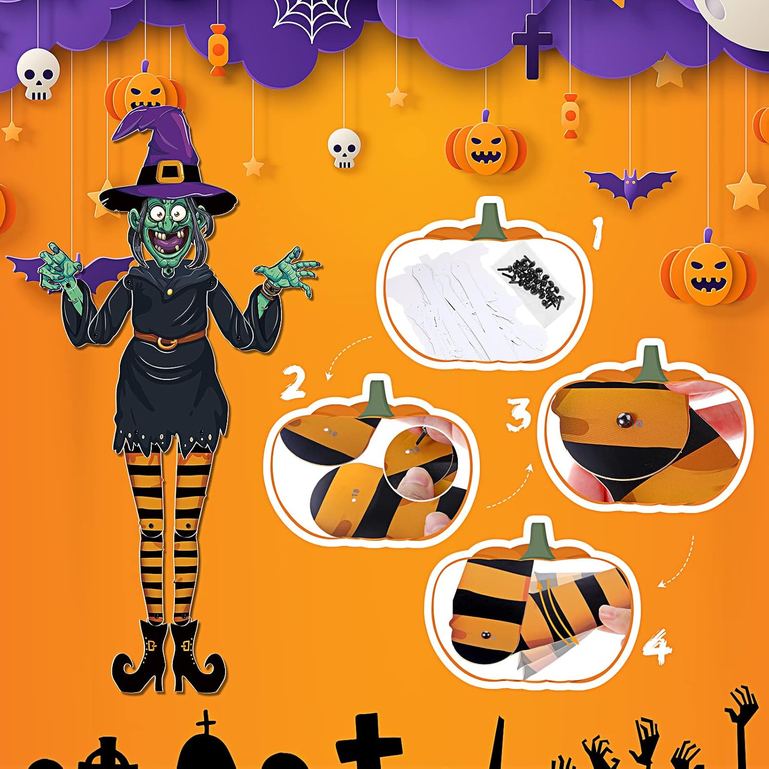 Nezyo 3 Pcs 50 Inch Halloween Jointed Skeleton Witch Mummy Cutouts Decor