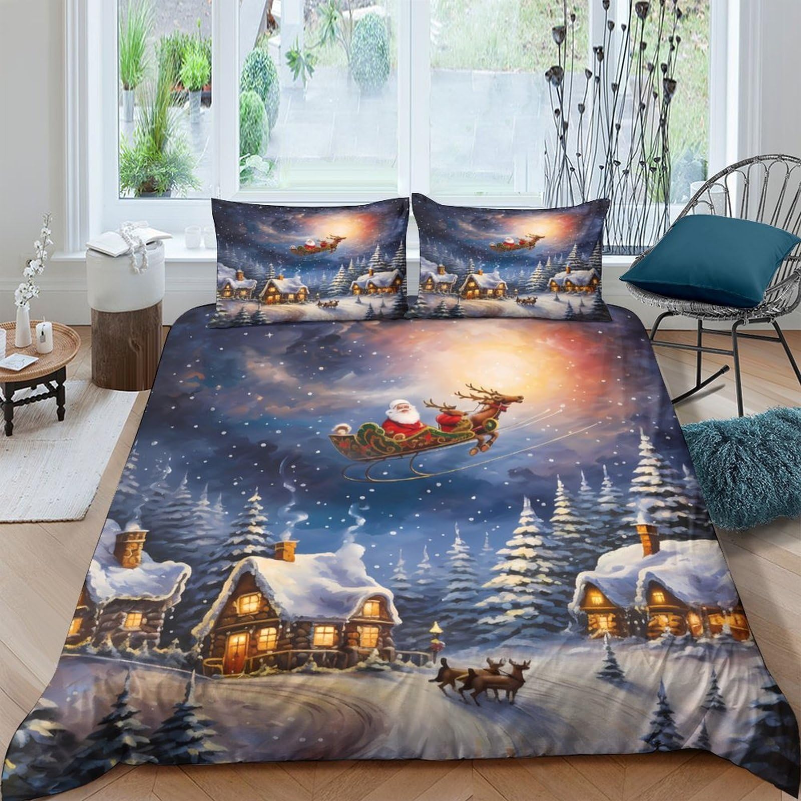 Ctjqhvkz Style-5 3D Printed Christmas Village Fitted Sheet Microfiber Soft Santa Sleigh Bed Cover For Home Guest Room Decor Single（135X200cm）