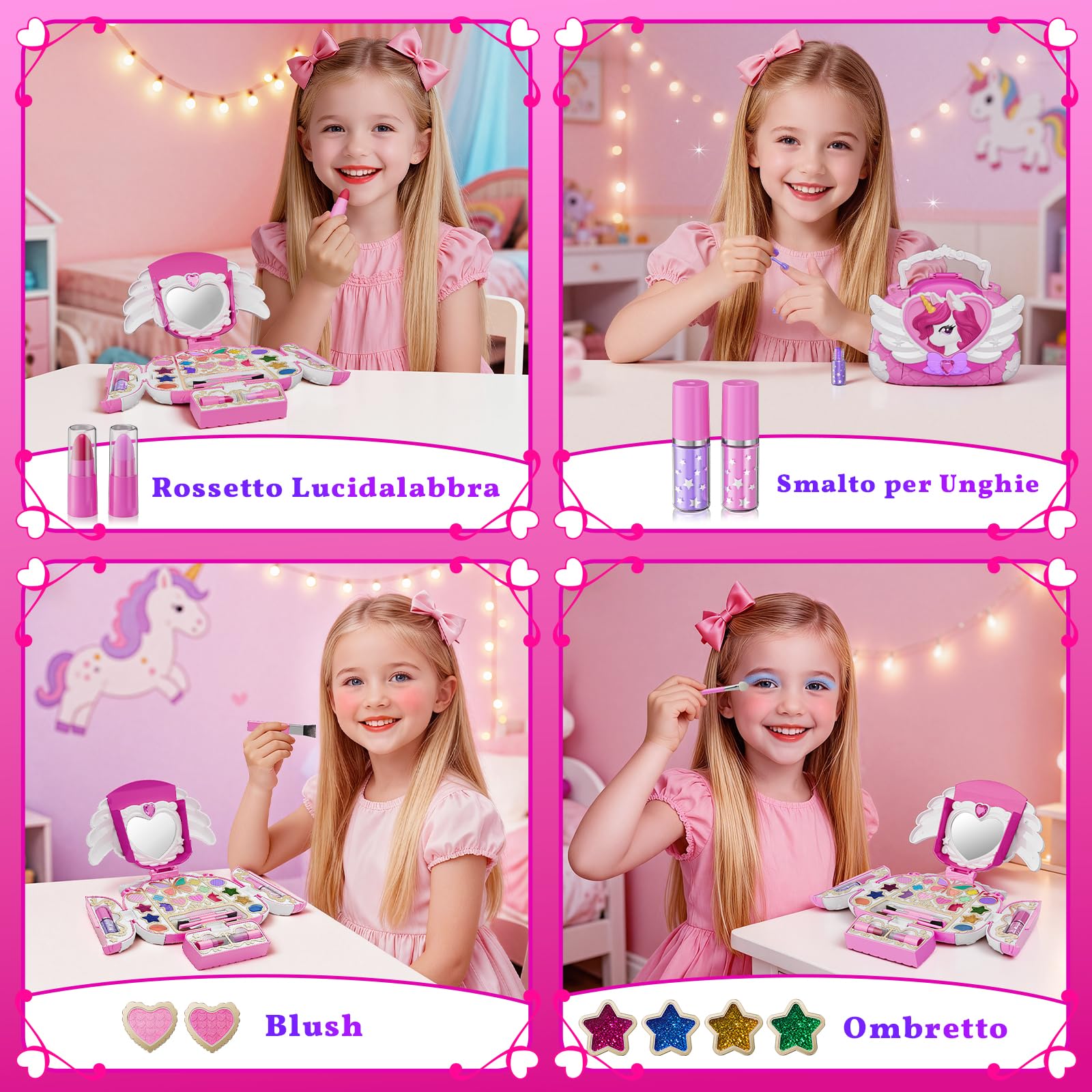 Unicorno Trucchi Bambina Set 3-12, Sicuro Lavabile kit di Trucco da principessa DIY Bambini con Specchio e Cinturino, Valigetta Trucchi Natale Feste Compleanno Regalo Bambina 4 5 6 7 8 9 10 11 12Anni
