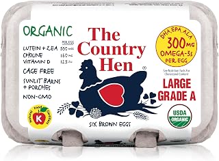 The Country Hen Organic Cage-Free Omega-3 Large Eggs, 6 ct - Premium USDA Organic, No Antibiotics, Superior Hen Welfare