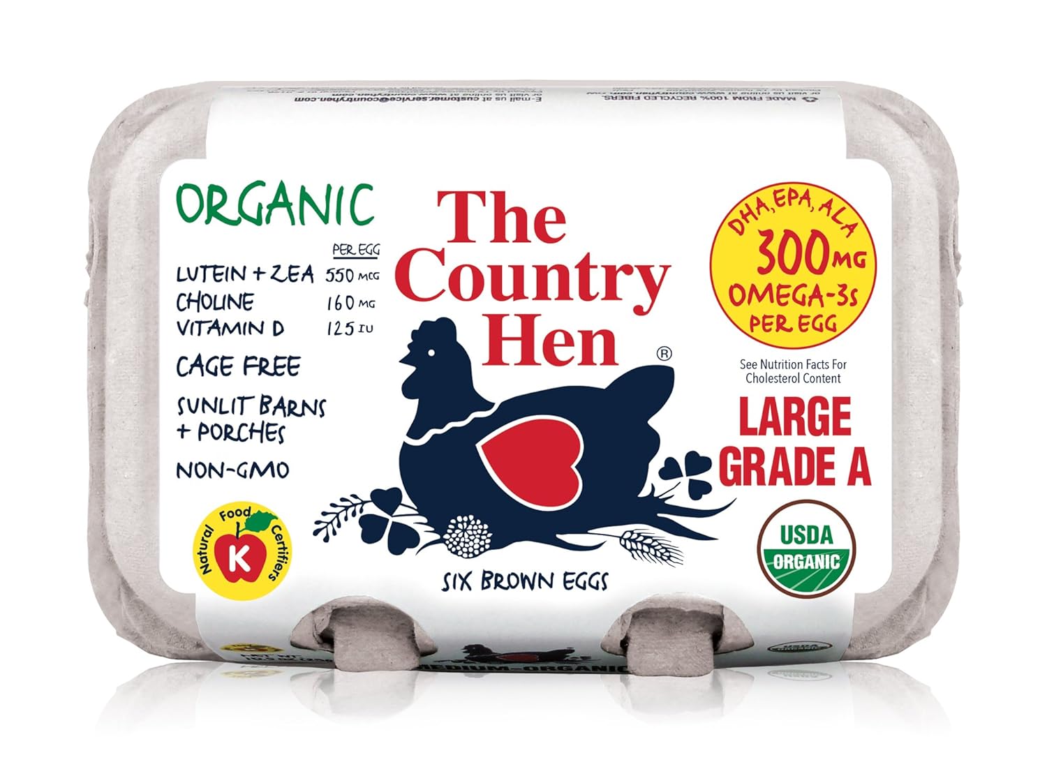 The Country Hen Organic Cage-Free Omega-3 Large Eggs, 6 ct - Premium USDA Organic, No Antibiotics, Superior Hen Welfare