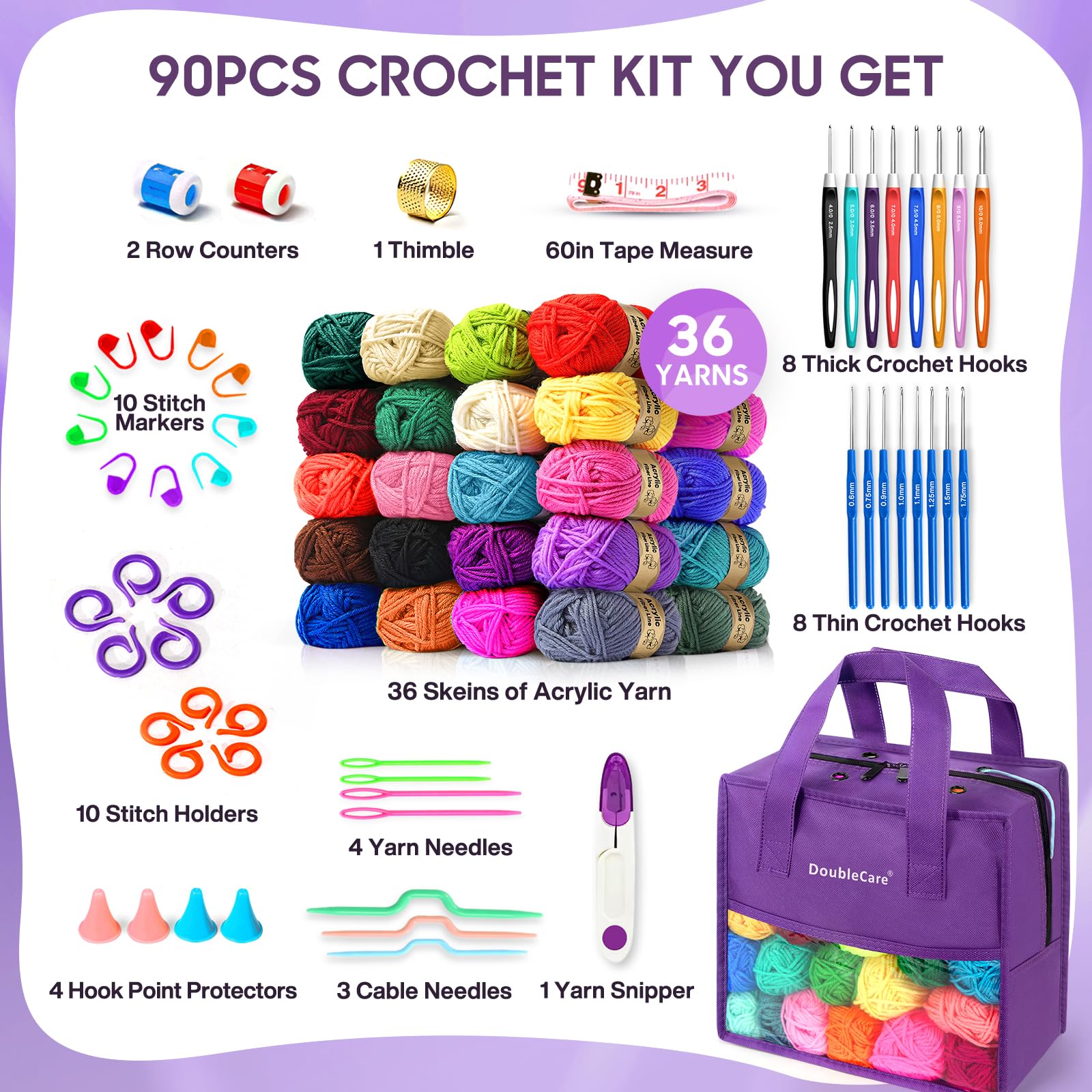 DoubleCare Juego de 90 piezas de ganchillo para principiantes, hilo de 1575 yardas en 36 colores, juego de accesorios de ganchillo de 54 piezas, incluye agujas de ganchillo ergonómicas para amigurumi