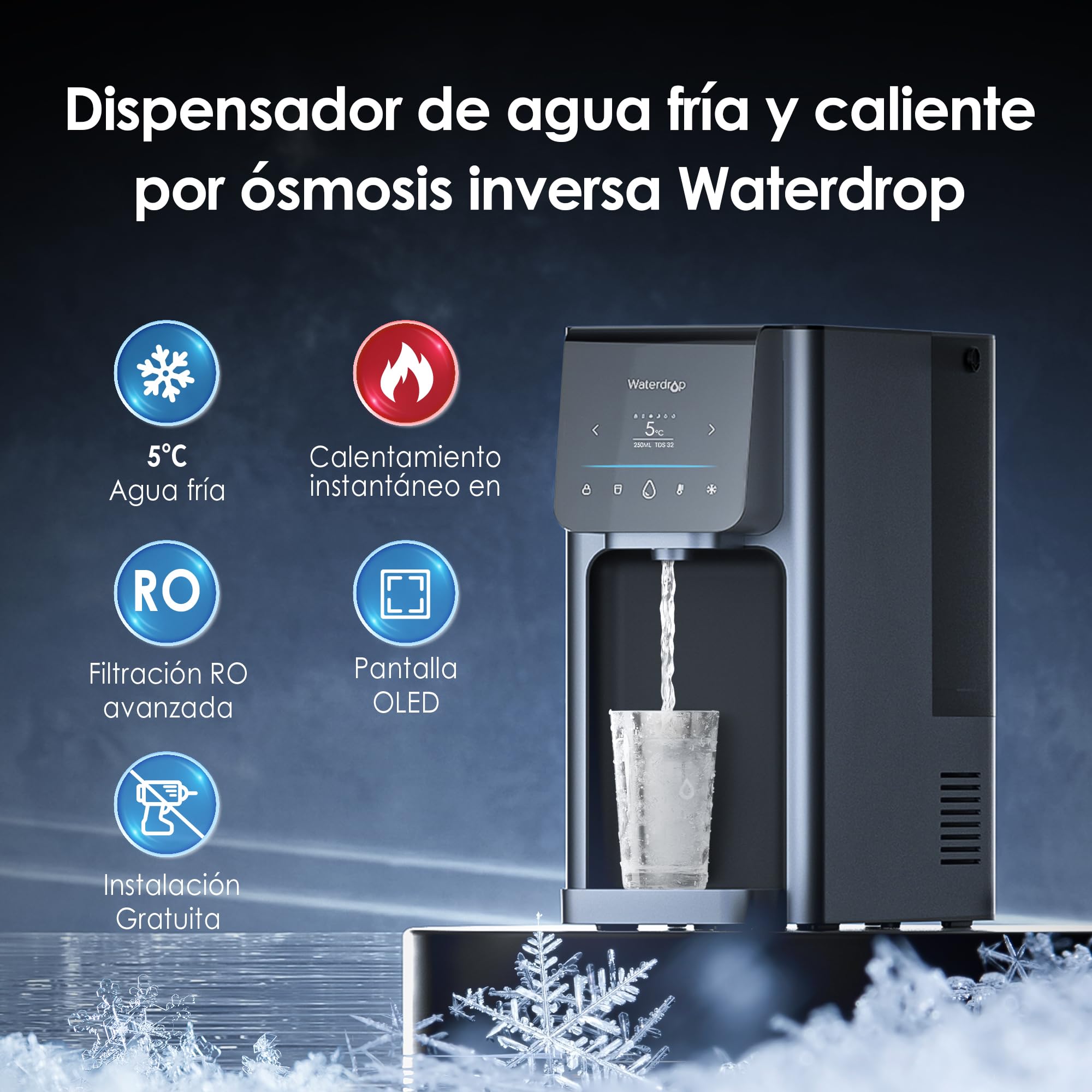 Waterdrop WD-A1 Sistema de Ósmosis Inversa para Encimera, Dispensador de Agua Fría y Caliente, Norma NSF/ANSI 58, Enfriador de Agua Sin Botellas, 6 Ajustes de Temperatura