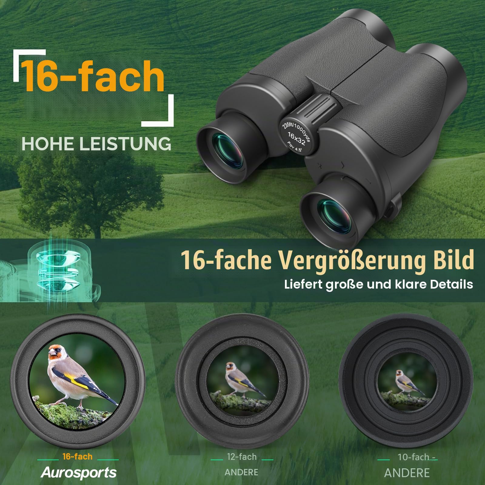 16x32 Fernglas for Erwachsene Kinder - Aurosports High Powered Klein Fernglas für Vogelbeobachtung - HD Leichtgewicht Ferngläser für Jagd Kreuzfahrt Reise Konzert Wandern