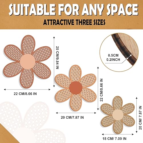 Miniatura 8 de Maitys Decoración de pared de margaritas bohemias de 3 piezas, flores de ratán natural, arte para colgar en la pared, arte bohemio de madera,