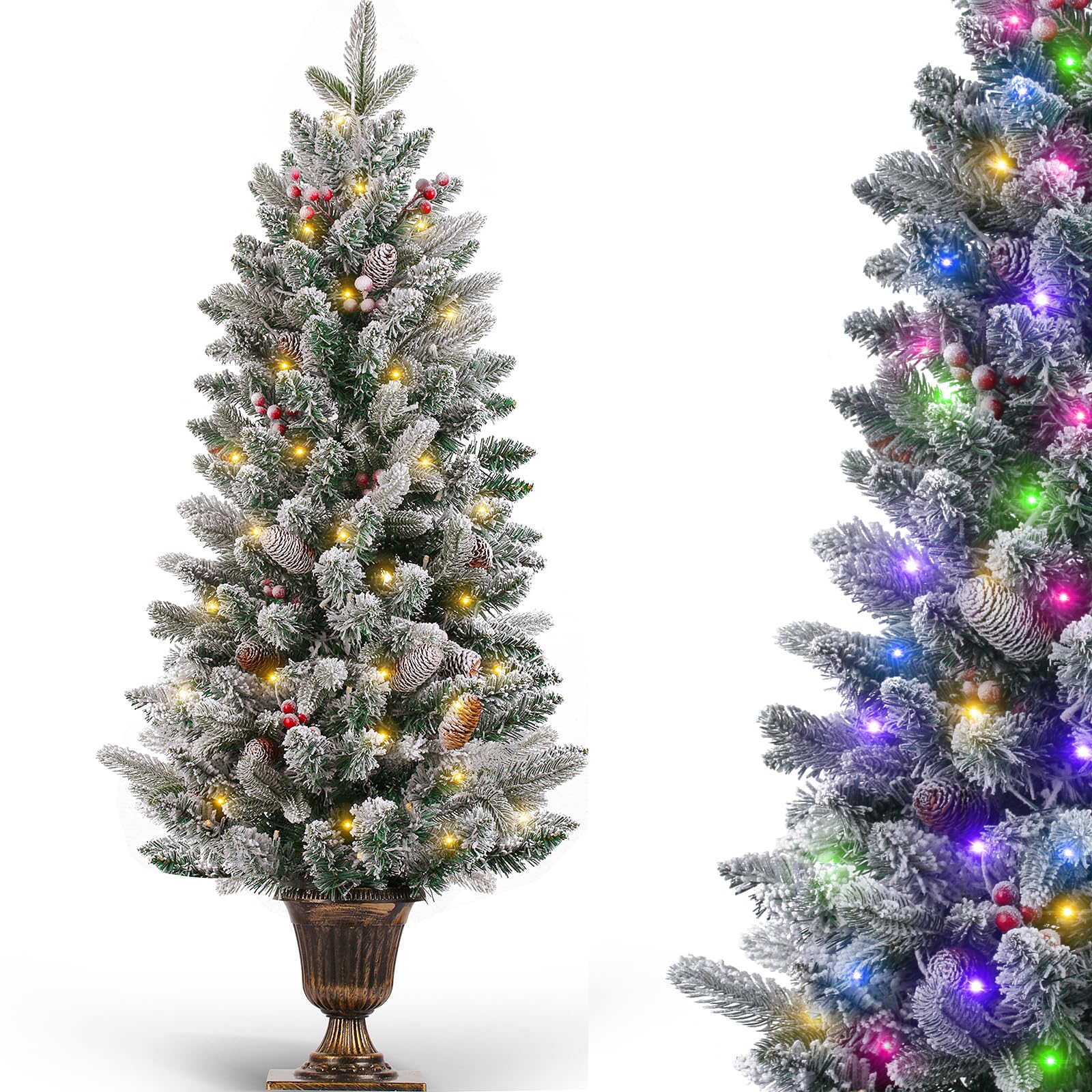 Pre-Lit Artificial Mini Christmas Tree Warm White LED Lights Colorful Lights Spruce Entrance Trees in Gold Pot Base with Pine Cones Red Berries Snow, for Porch Entryway (Green with Snow, 4 ft)