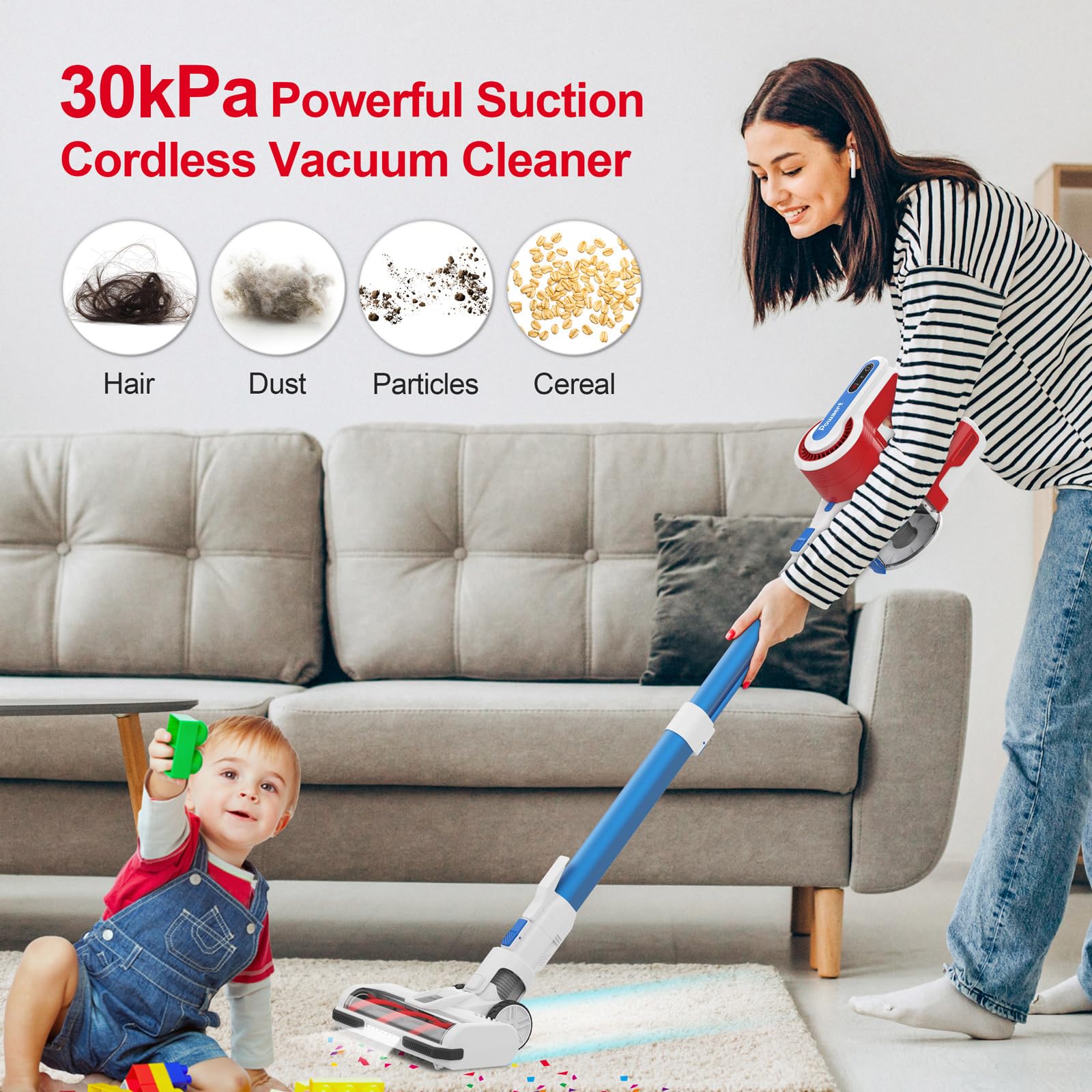 Cordless Vacuum Cleaner, Powerful Suction Stick Vacuum, Rechargeable, Lightweight Handheld Vacuum with Crevice Tool, and Anti-Tangle, Versatile for Carpet, Tile, Pet Hair, Hardwood Floors
