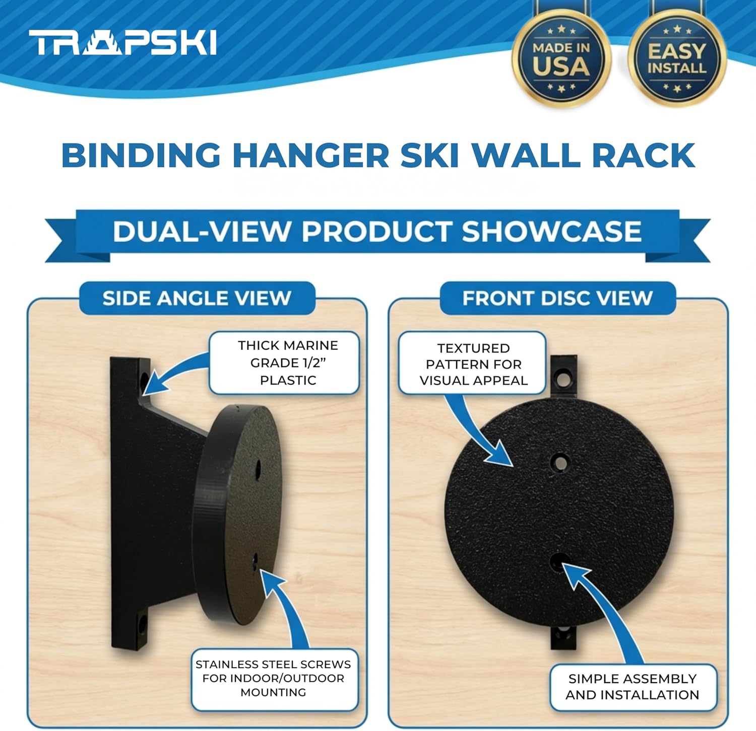 TRAPSKI Wall Ski Racks for Garage or Shed | HDPE Marine Grade Plastic | Indoor/Outdoor Use