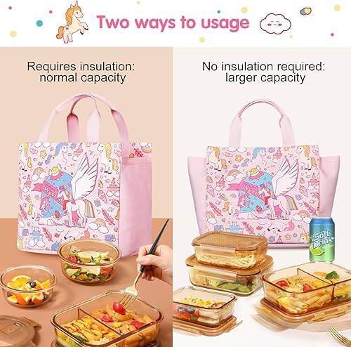 Miniatura 5 de NOHOO Lonchera para niños, grande y reutilizable, con estampado de animales lindos, lonchera térmica para niñas, mujeres, escuelas, oficinas,