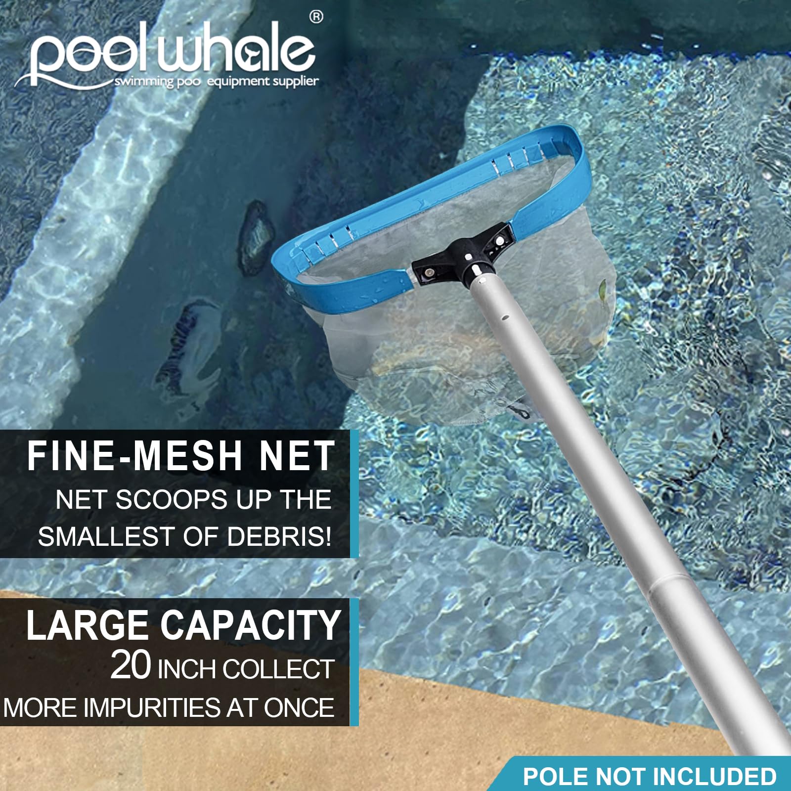 POOLWHALE Poolkescher – Professioneller 50,8 cm großer Laubkescher, Aluminiumrahmen, tiefer Nylonbeutel, ultrafeine Netznetze zur Reinigung von Blättern, Sand, Pollen, feinstem Schmutz (ohne Stange)
