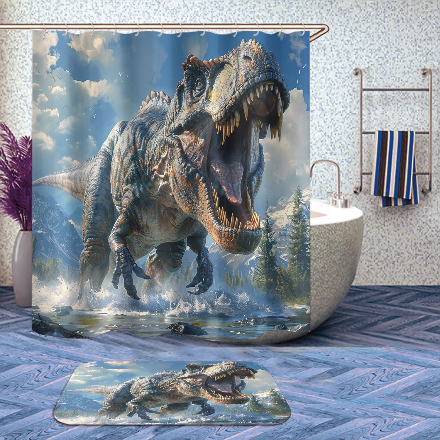 4 Pcs 3D Dinosaur Bathroom Shower Curtain Set with Rugs,Toilet Lid Cover, Bath Mat, Anicient Jurassic Tyrannosaurus Rex Bathroom Shower Curtain with 12 Hooks Accessories Decorative