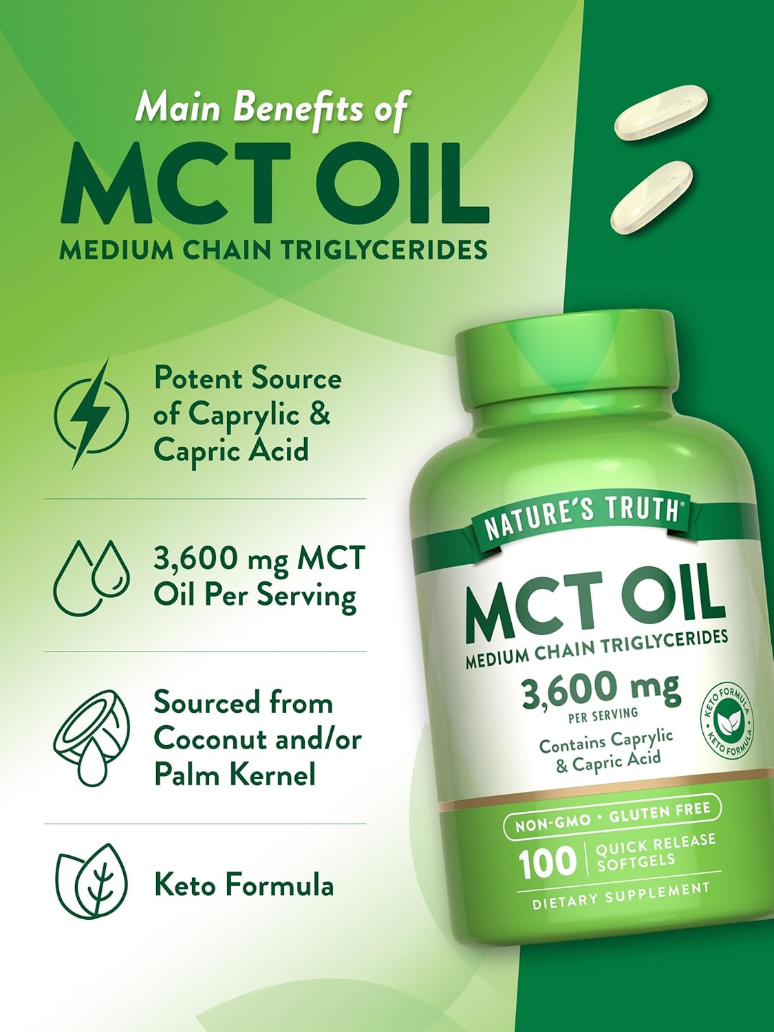 Nature's Truth MCT Oil Pills | 3600mg | 100 Softgels | Keto Friendly | with Caprylic & Capric Acid | Non-GMO and Gluten Free Supplement - Image 5