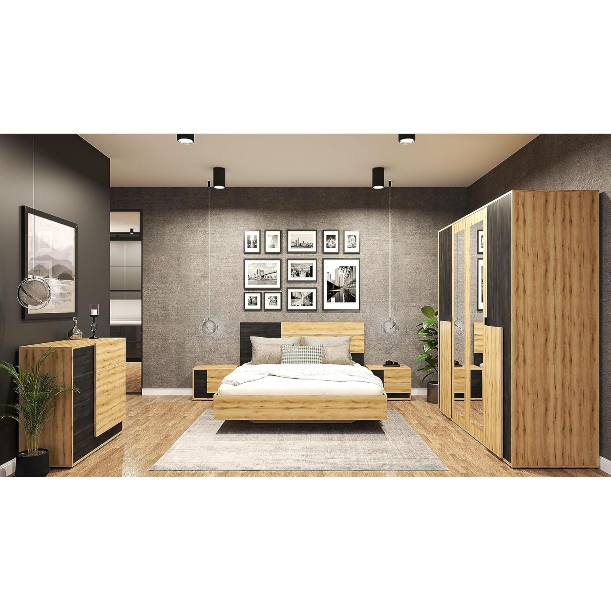 Bafra - Chambre à Coucher Adulte Complète Avec Lit 160x200 Sans Matelas, 2 Tables De Chevet, Commode, Armoire Avec Portes Coulissantes L:200 x H:208 x P:65 cm, Artisan Chêne Kiefer