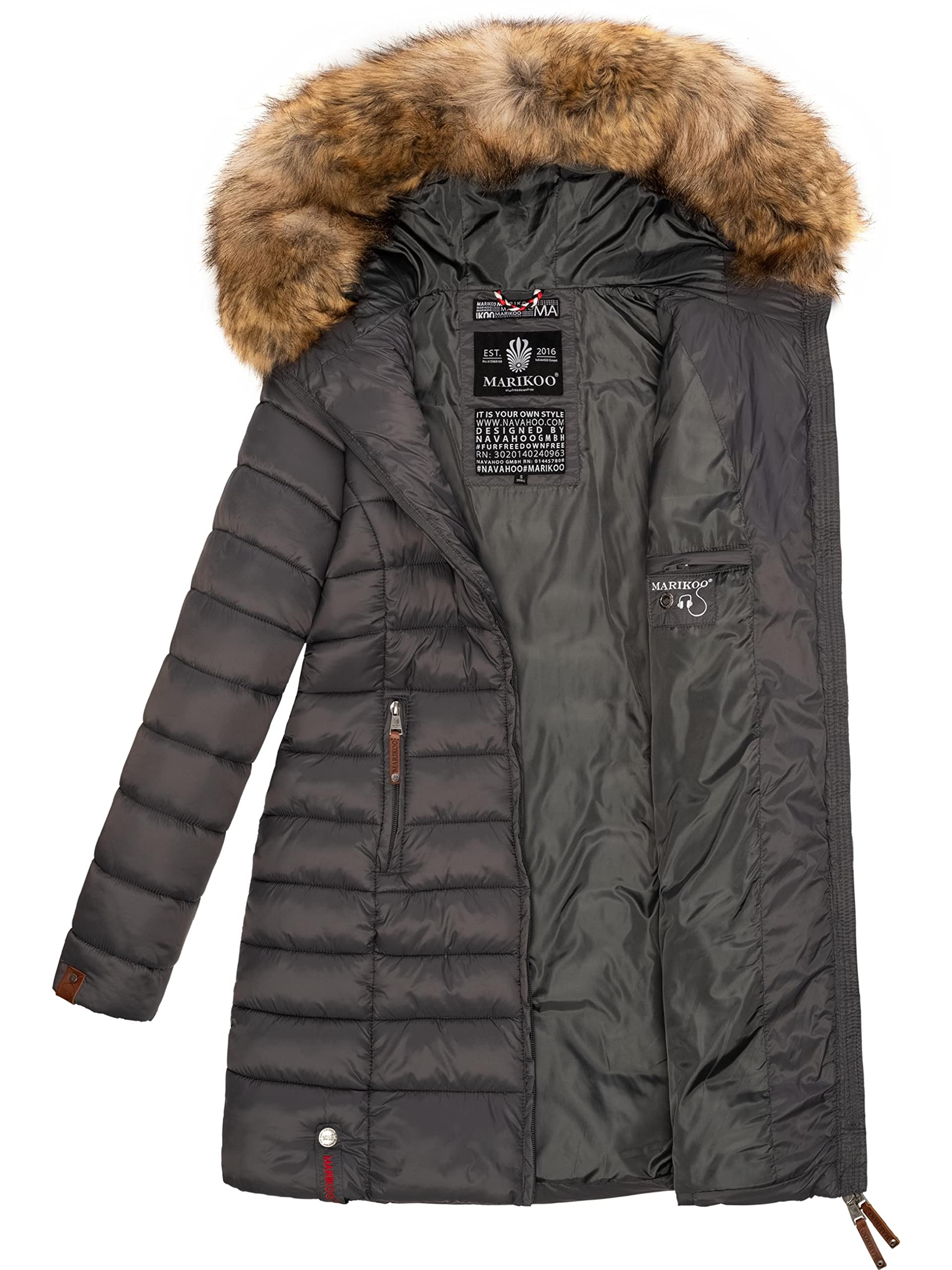 MARIKOO Damski płaszcz zimowy, ciepły płaszcz pikowany, długi z kapturem, różowy, XS-XXL
