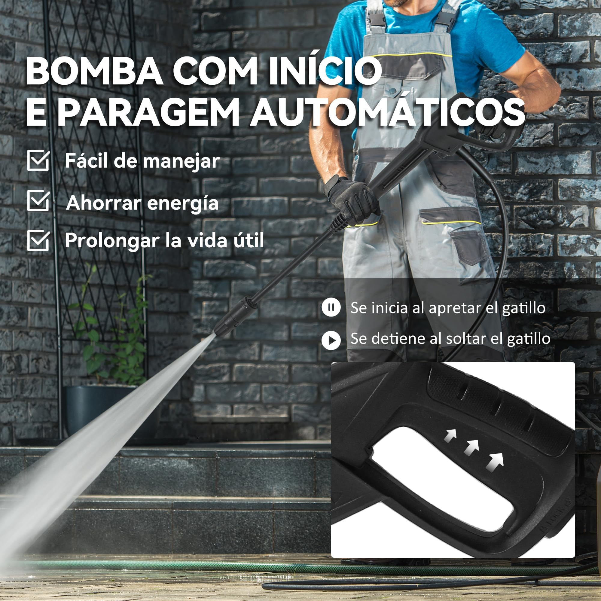 Outsunny Hidrolimpiadora de Alta Presión 2200W, Presión 170 Bar, Caudal 420 L/h, con Bomba de Aluminio, Parada Automática, Manguera de 6 m, Incluye Botella de Espuma y Boquilla Ajustable Verde y Negro